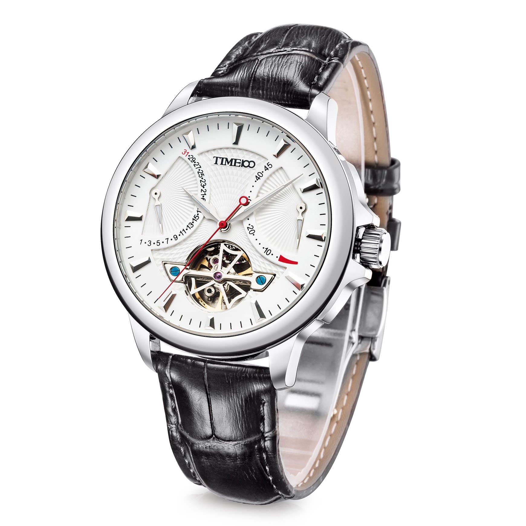 Men's Automatic Watch Navigator-Series Tourbillon-Style Dual Time Zone Business Calendar Mechanical Watch Leather Strap