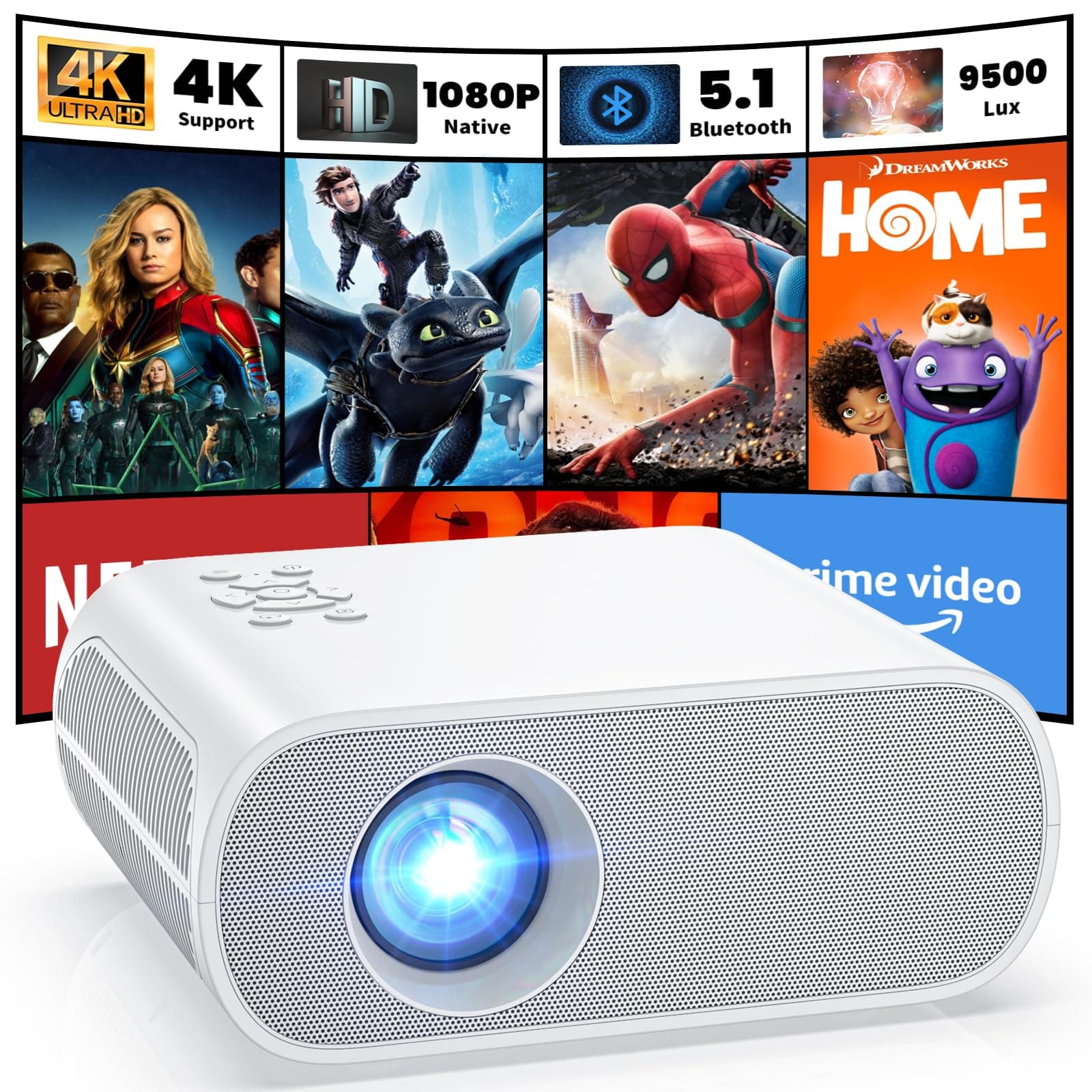 HOMPOW Projector, Native 1080P Full HD Bluetooth Projector with Speaker, 9500 Lumens Outdoor Portable Movie Mini Projector Compatible with Laptop, Smartphone, TV Stick, Xbox, PS5