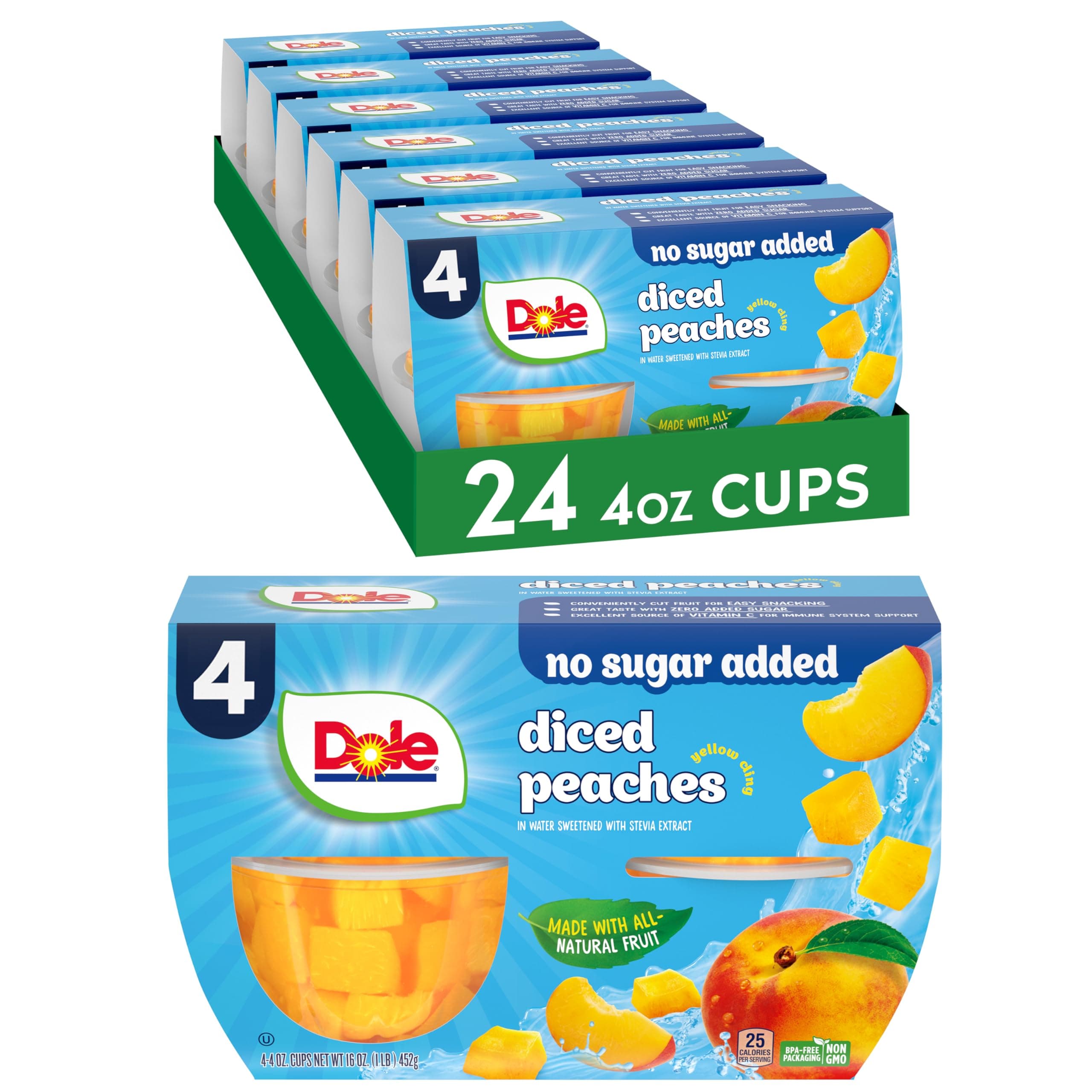 Dole Fruit Bowls No Sugar Added Snacks, Diced Peaches 4oz 24 Cups, Gluten & D...