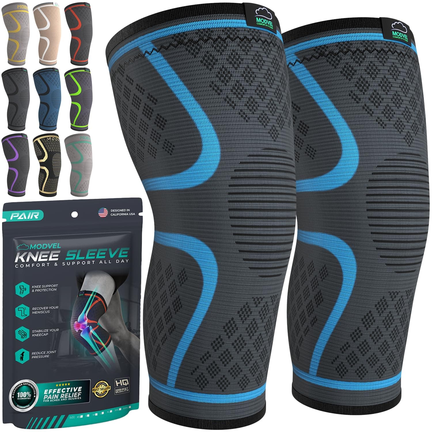 MODVEL Knee Braces Compression Sleeve Women & Men - 2 Pack, Running Knee Support, ACL & Arthritis Pain Relief, Joint Pain, Meniscus Tear, & Every day use (XL)