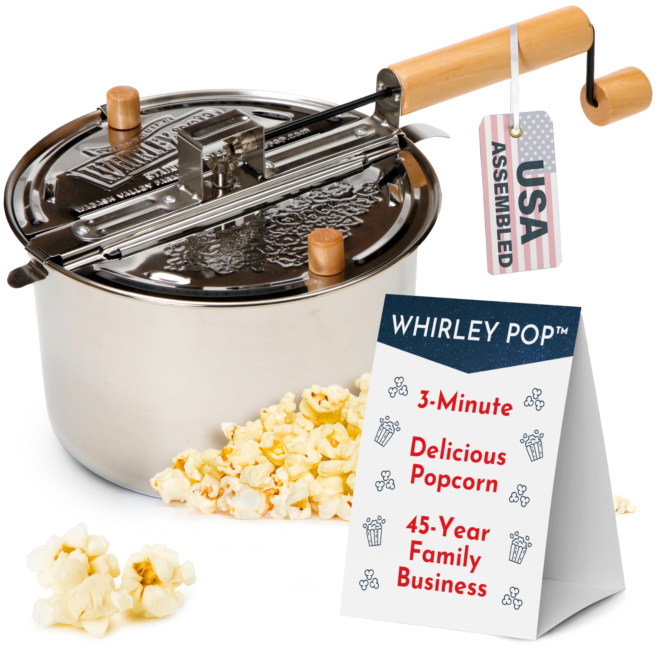 Original Whirley Pop Popcorn Maker - 6 Quart Popcorn Popper with Metal Gears, Wabash Valley Farms Stove Top Popcorn Maker, Gourmet Popcorn Pot, Culinary Popcorn Popper (Stainless Steel)