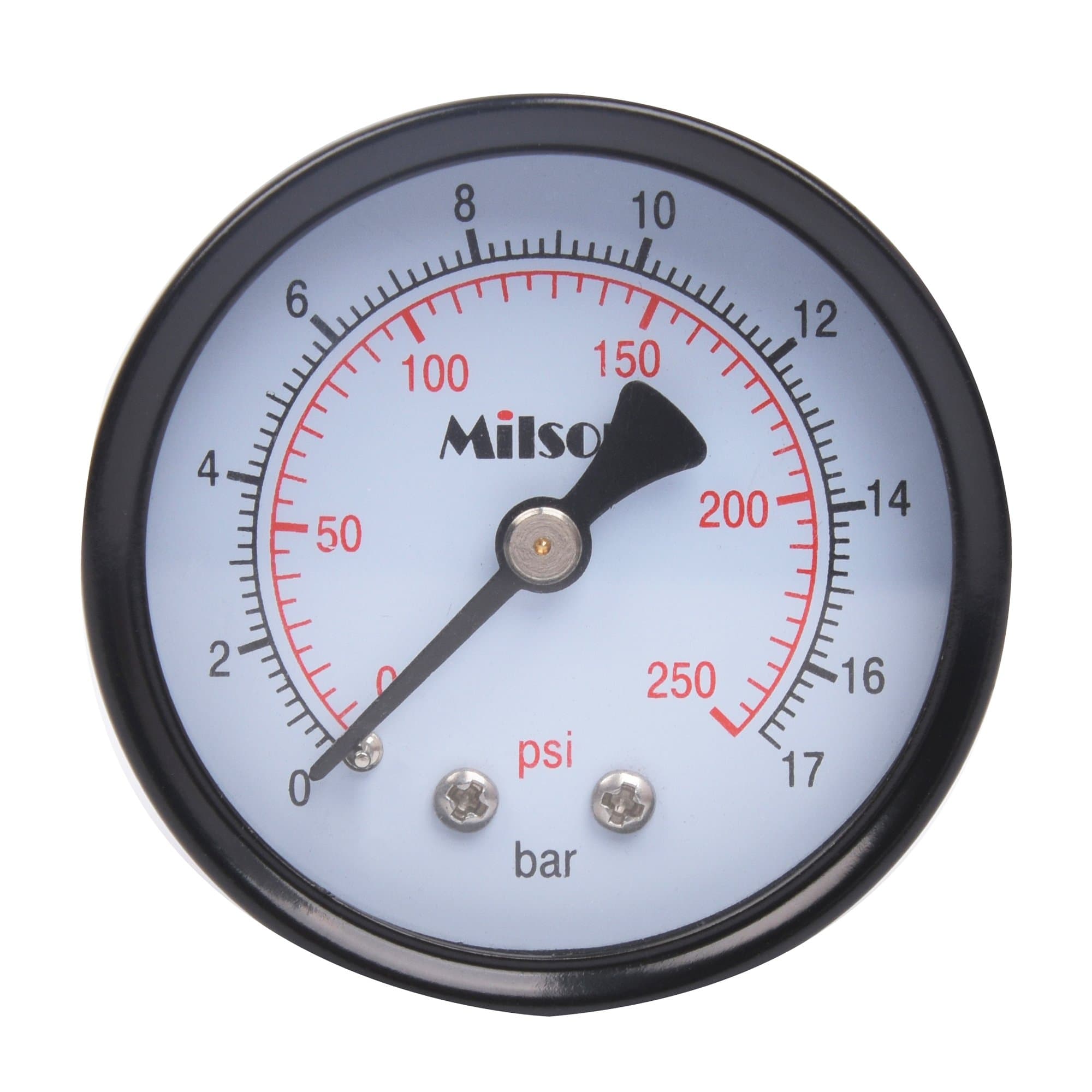 Milson Pressure Gauge, 2" Black Steel Case, Back Mount, 1/4"NPT, 0+250 Psi/Bar, Accuracy: +/-2.0, Brass Internal, Multiple Function