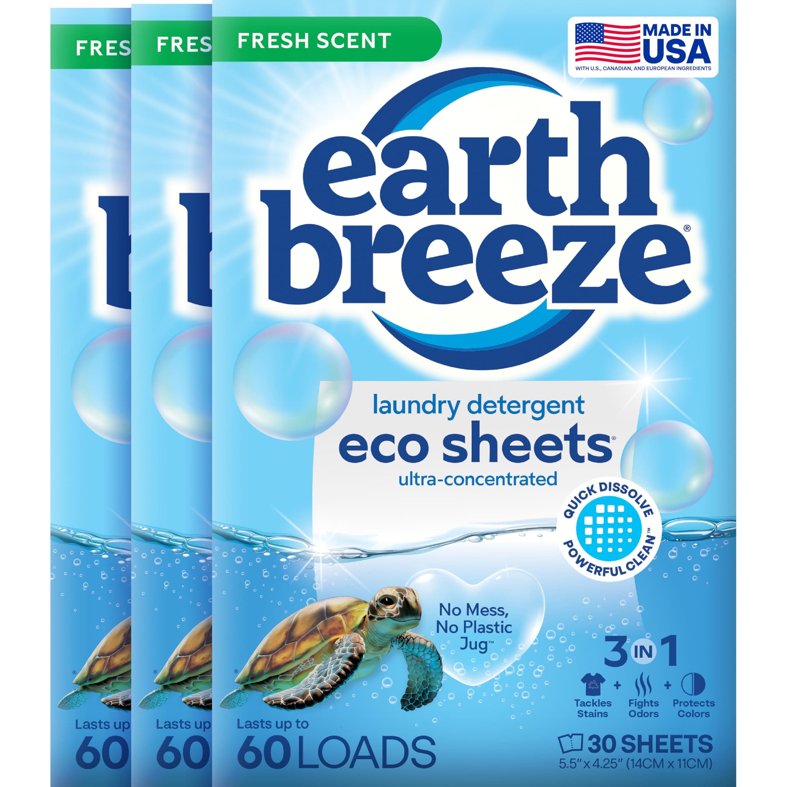 Earth Breeze - Liquid-less Laundry Detergent Sheets - Fresh Scent - No Plastic Jug (180 Loads) 90 Sheets (Pack of 3)