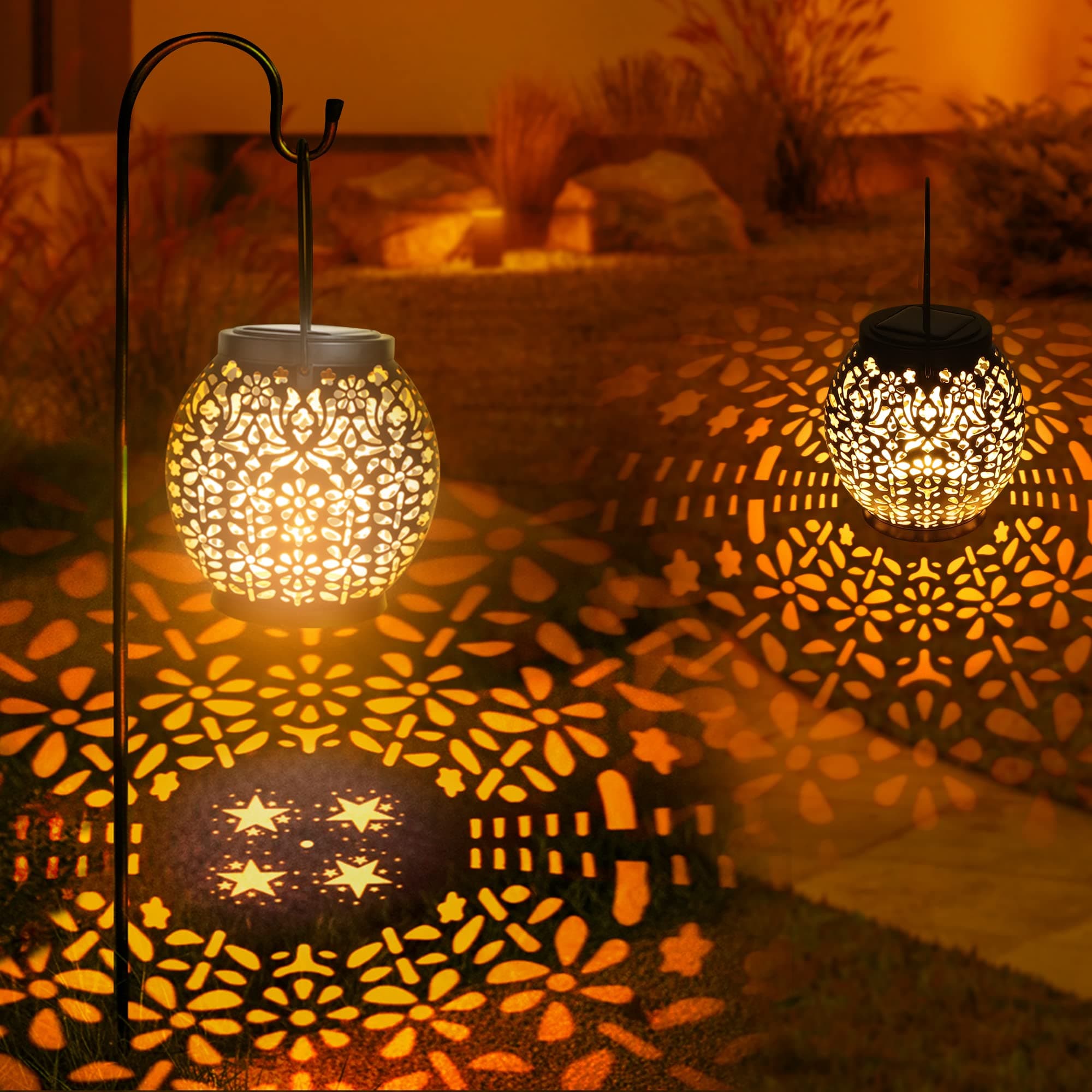 BrizledSolar Lantern Lights, 2 Pack Outdoor LED Solar Hanging Lantern Lights with Star Projection, Warm White Solar Garden Lights Retro Table Lantern Lights Waterproof for Garden Patio Courtyard Path