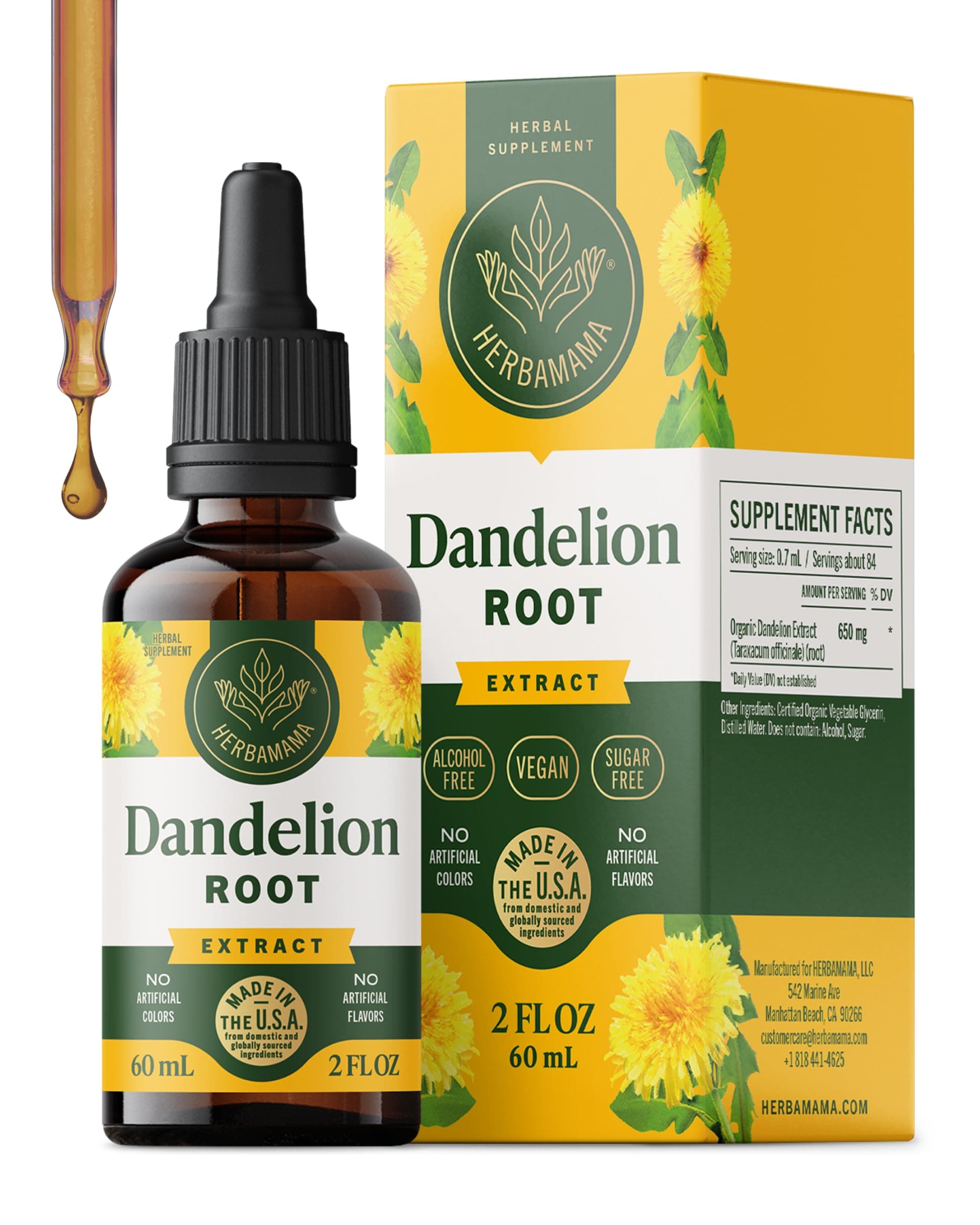 HERBAMAMA Dandelion Root Tincture - Organic Dandelion Liquid Drops - Dandelion Root Liquid Extract Supplements - 2 fl oz