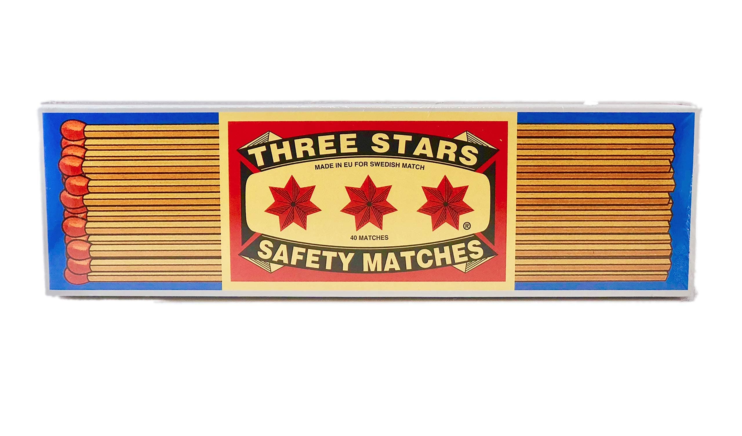 Three Stars Safety Matches, Strike-On-Box, Extra Long Matches, 40 Sticks