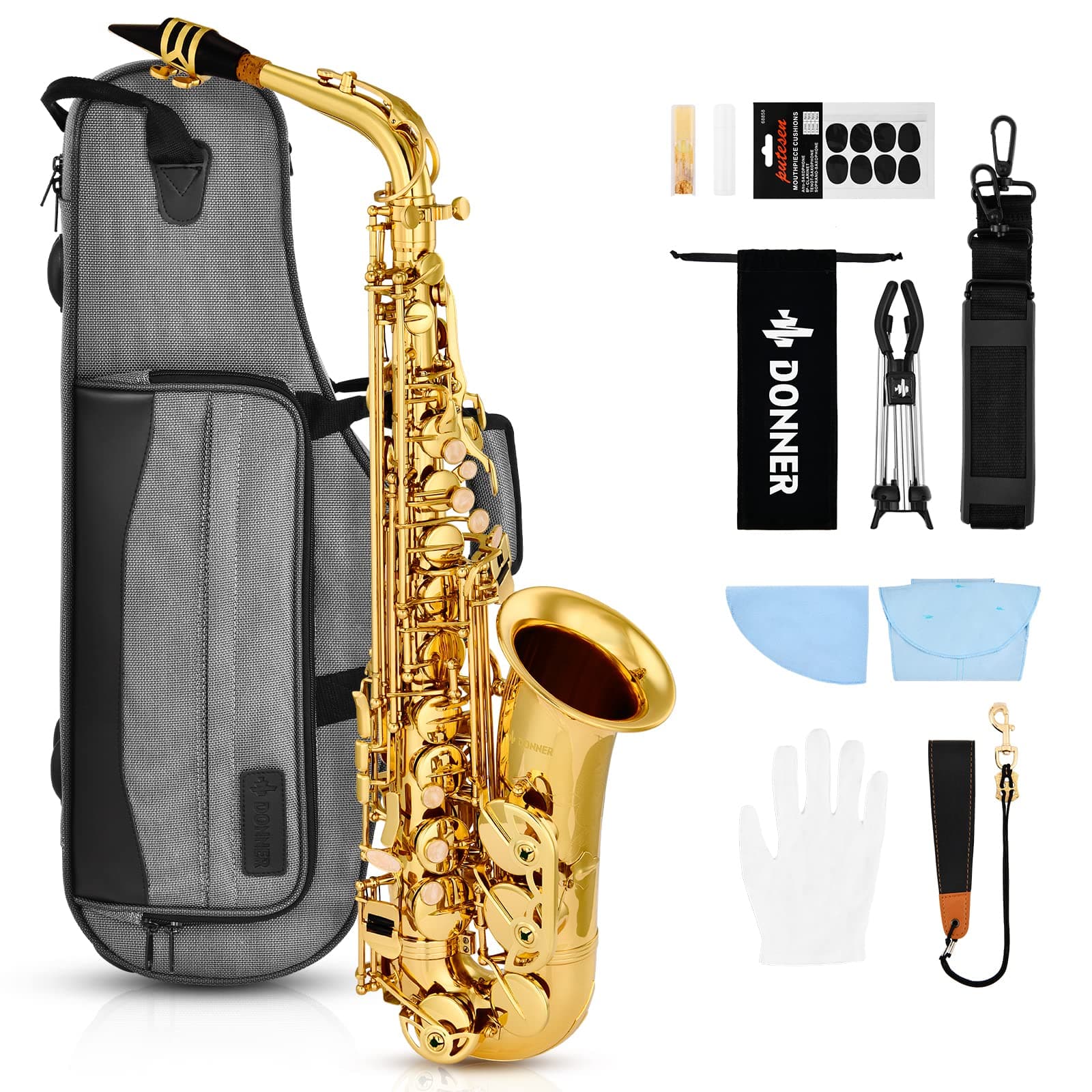 Donner Alto Saxophone DAX-21, Gold Lacquer E Flat Sax with Full Kit Travel Bag, Foldable Stand and Cleanning Kit, for Beginner/Students, Brass Engraving and Gorgeous Sound