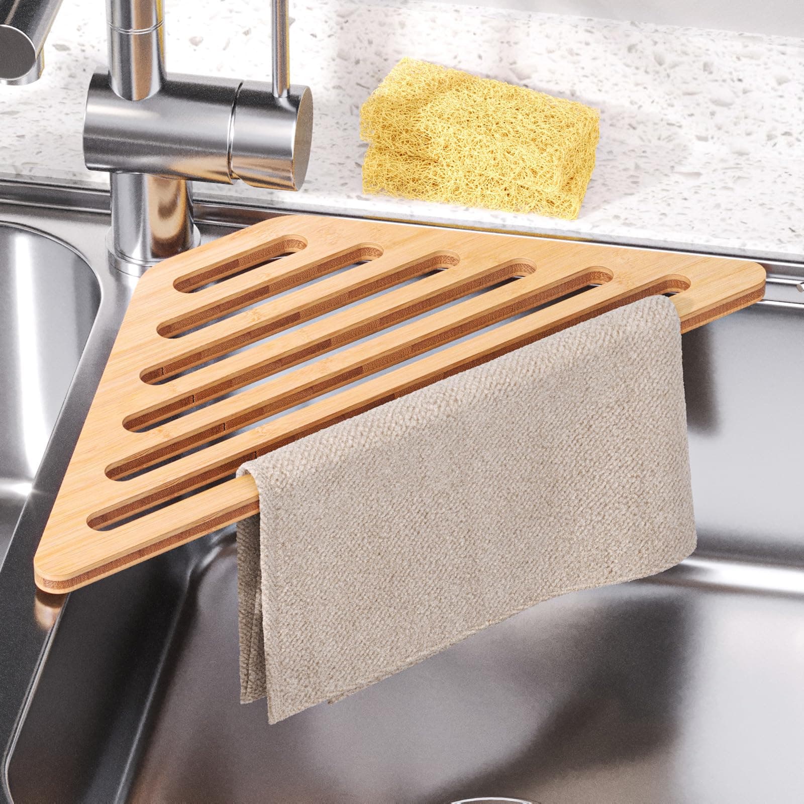 Dish Drying Rack for Sink Corner,Over The Sink Bamboo Dish Drainer Drying Rack,Dish Drainer Mat for Kitchen,Sink Accessories(Natural)