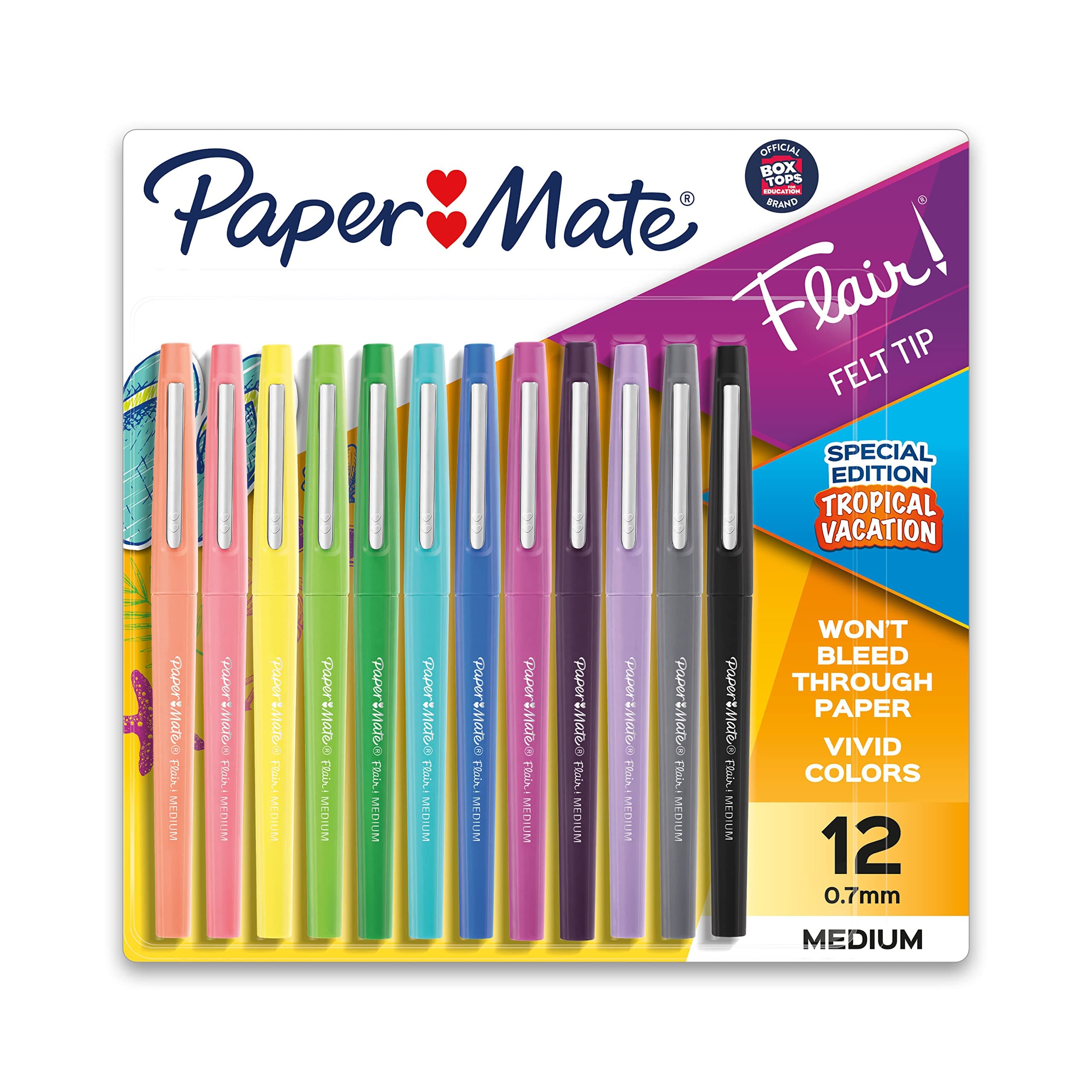 Paper Mate Flair Felt Tip Pens, Medium Point (0.7mm), Tropical & Classic Colors, 12 Count