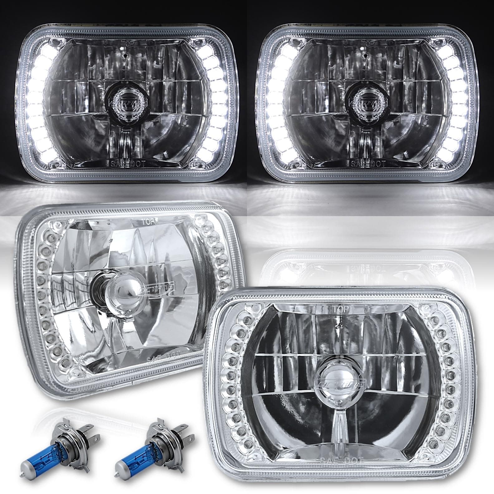 Octane Lighting 7X6 White Led Halo Halogen Crystal Clear Headlights Angel Eye Light H4 Bulbs Pr