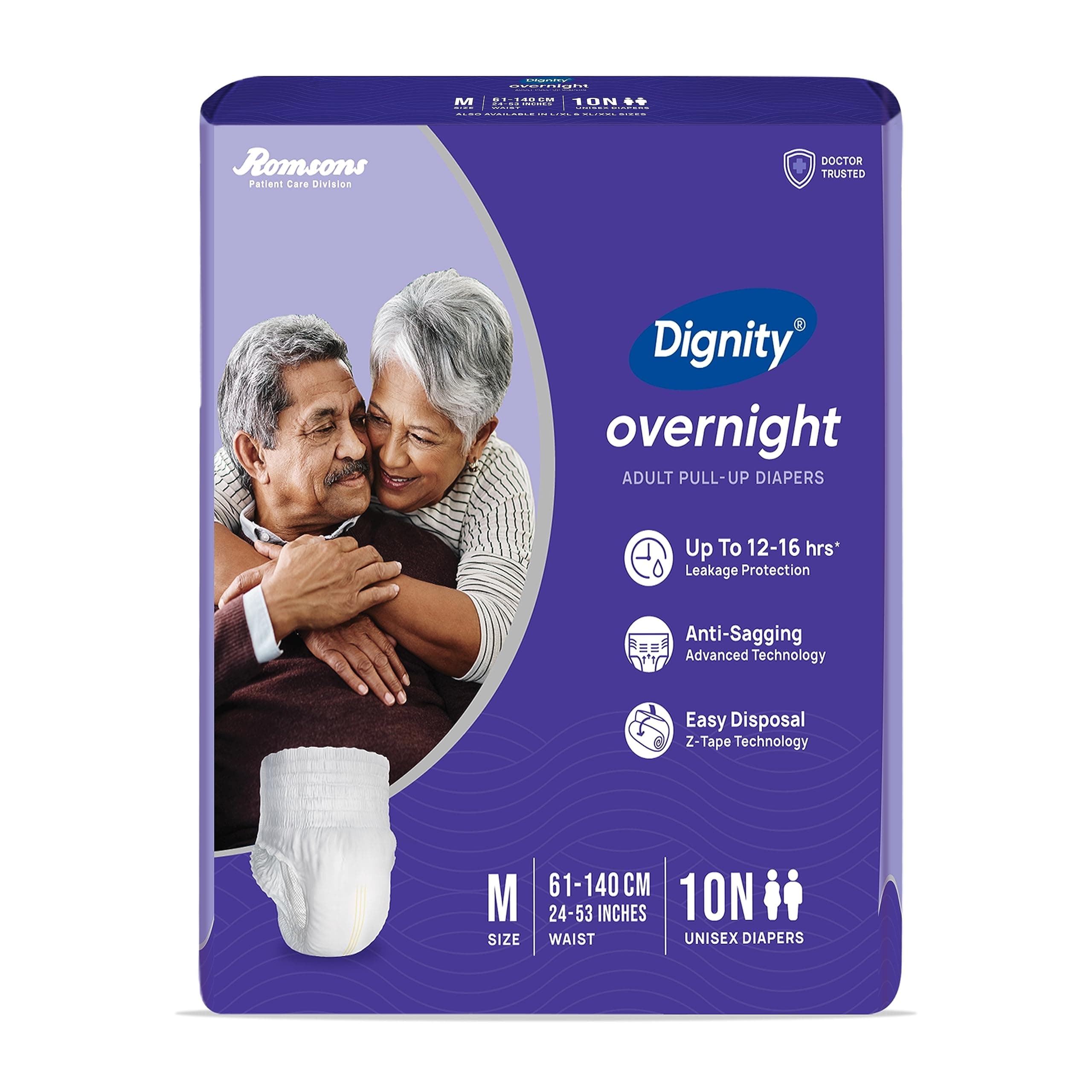 Dignity Overnight Pull Up Adult Diapers Pant Style - 10 Count (Medium) with Soft Elastic and Extra Absorbent Core, Waist Size 24" - 53", 10 Pcs/Pack (Pack of 1)