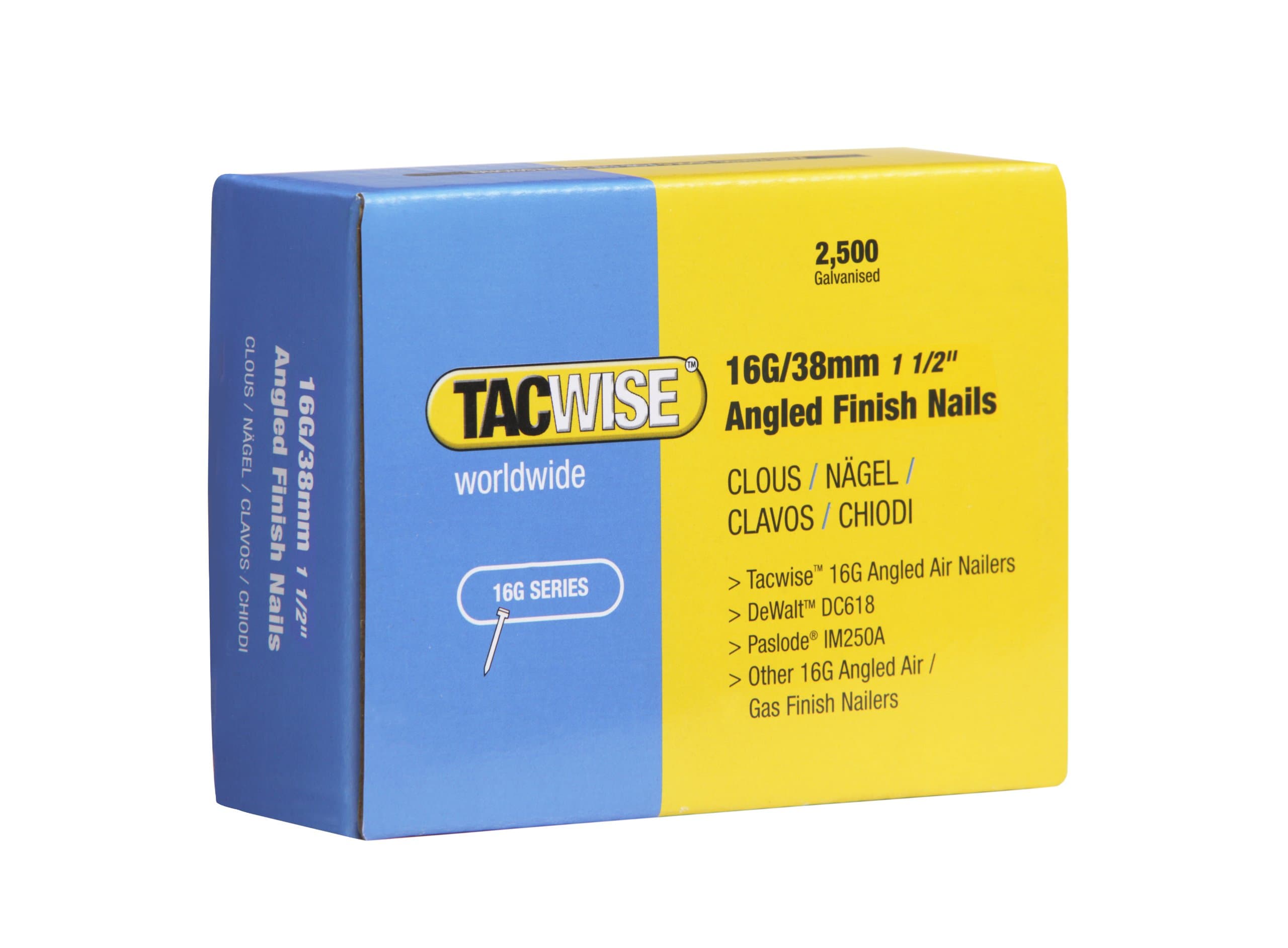 0770 Type 16G / 38 mm Galvanised Angled Finish Nails, 20° Inclined, Pack of 2500