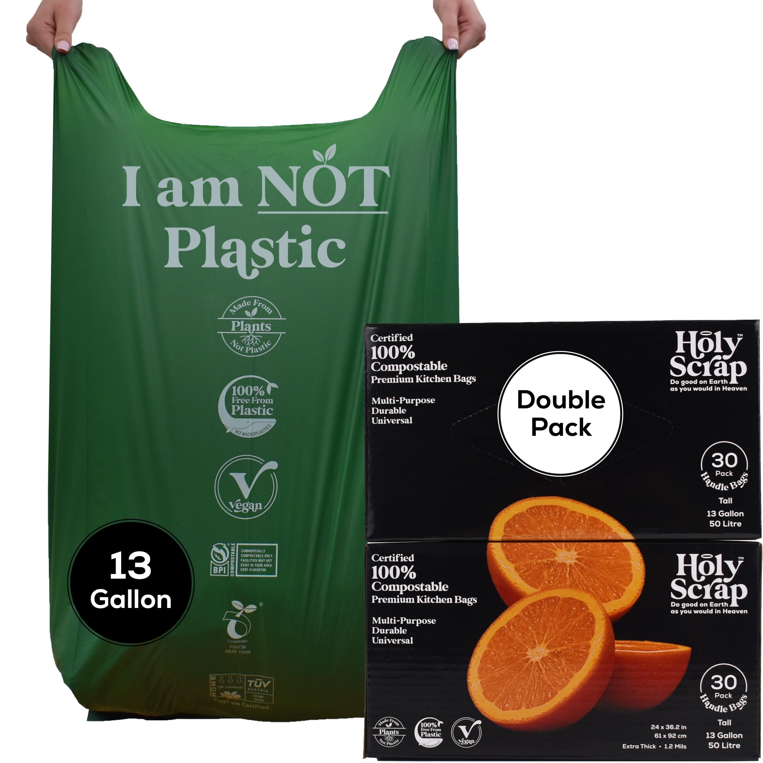 Extra Large Compostable Trash Bags - 13 Gallon, 60 Pack | Plastic-Free & Decomposing Tall Kitchen Garbage Bags & Liners with Easy-Tie Handles | Thick Bin Bags for Green & Food Waste