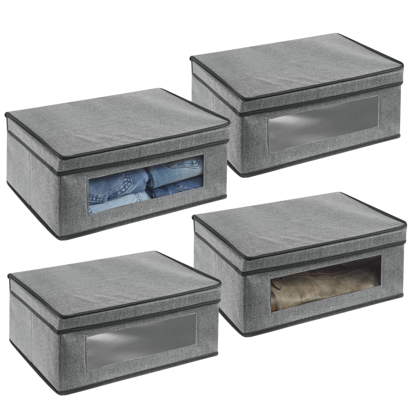 mDesign Fabric Stackable Slim Shelf Storage Organizer Box with Window/Attached Lid for Organizing Bedroom Closet - Holds Purses, Linens, Accessories - Lido Collection - 4 Pack, Charcoal Gray/Black