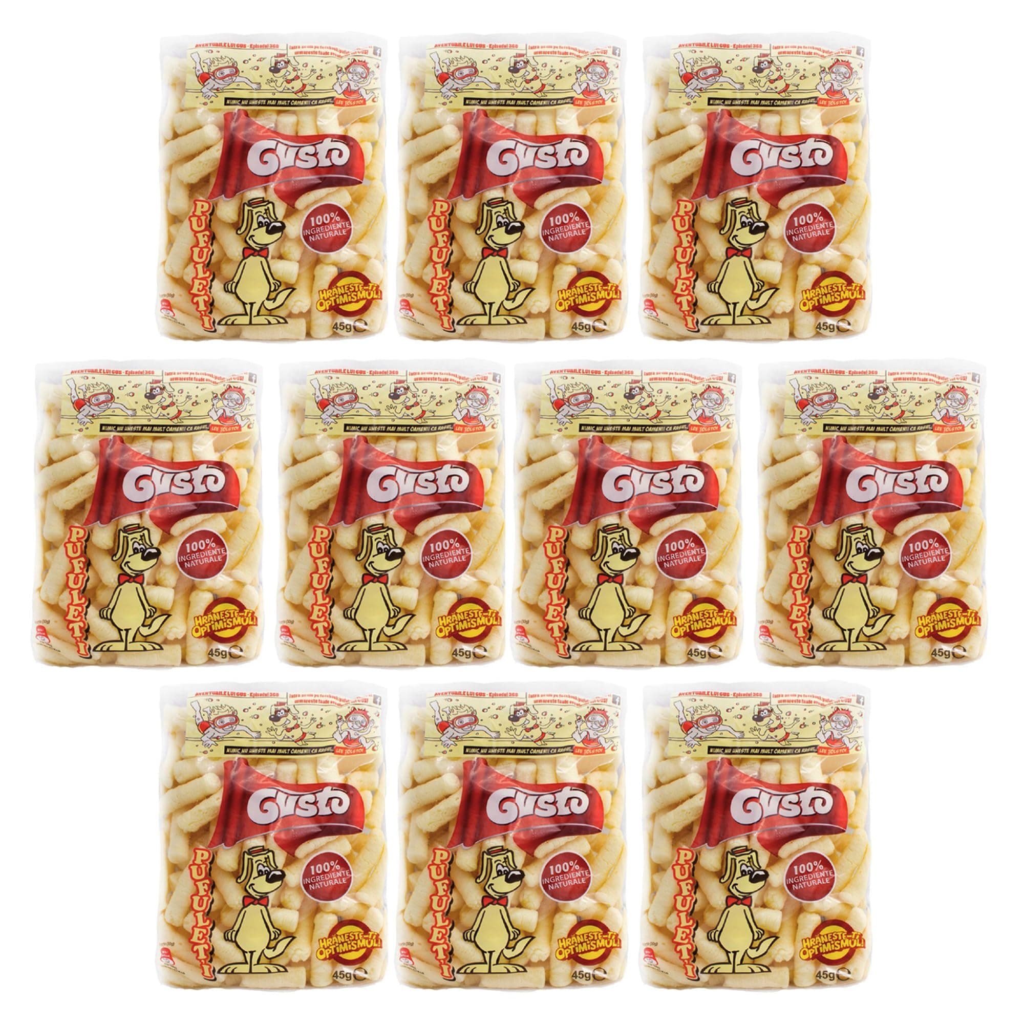 Gusto Pufuleti 45g, Salty Plain Corn Puffs, Romanian Corn Snack, Delicious Salted Corn Flips (Gusto Pufuleti 45g, 10 Pack)
