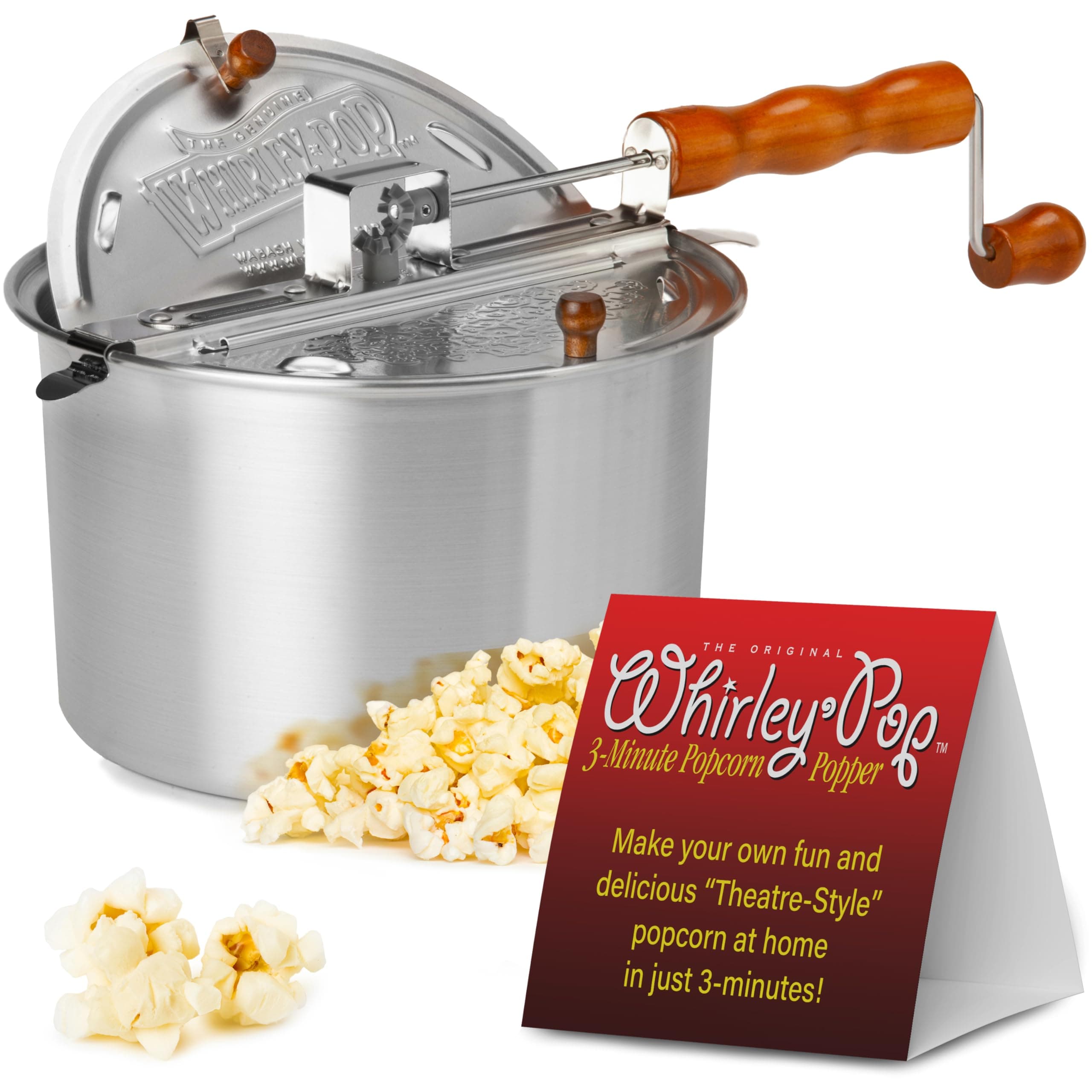 Original Whirley Pop Popcorn Maker- Silver 6 Qt Aluminum Popcorn Maker with Metal Gear, Wabash Family Farms, With Included Good Time Guide
