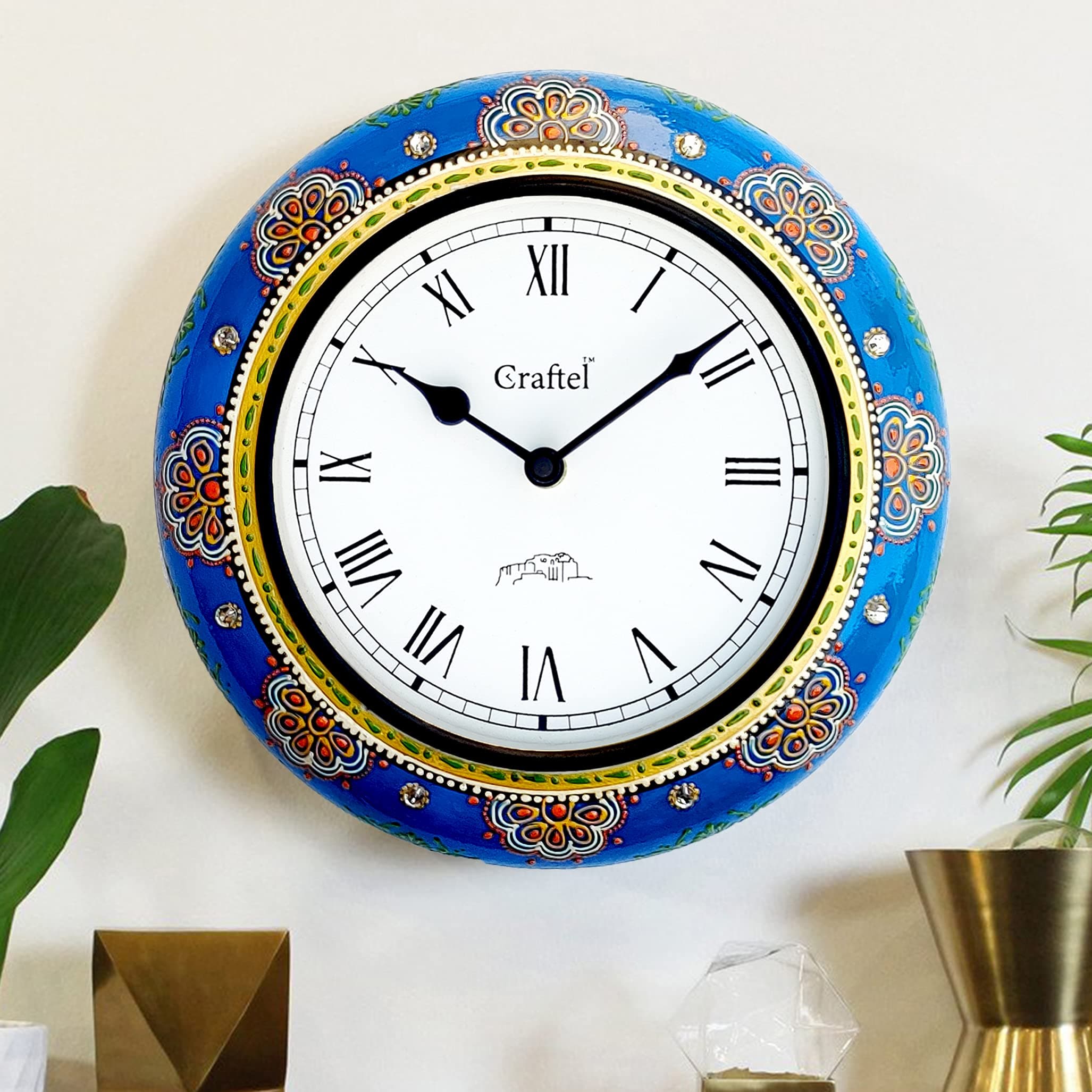 CRAFTEL Engineered Wood Antique Hand Painted Wall Clock with Dome Glass for Bedroom Living Room Home (Multicolour, 12 Inch, Dial : 8 Inches)