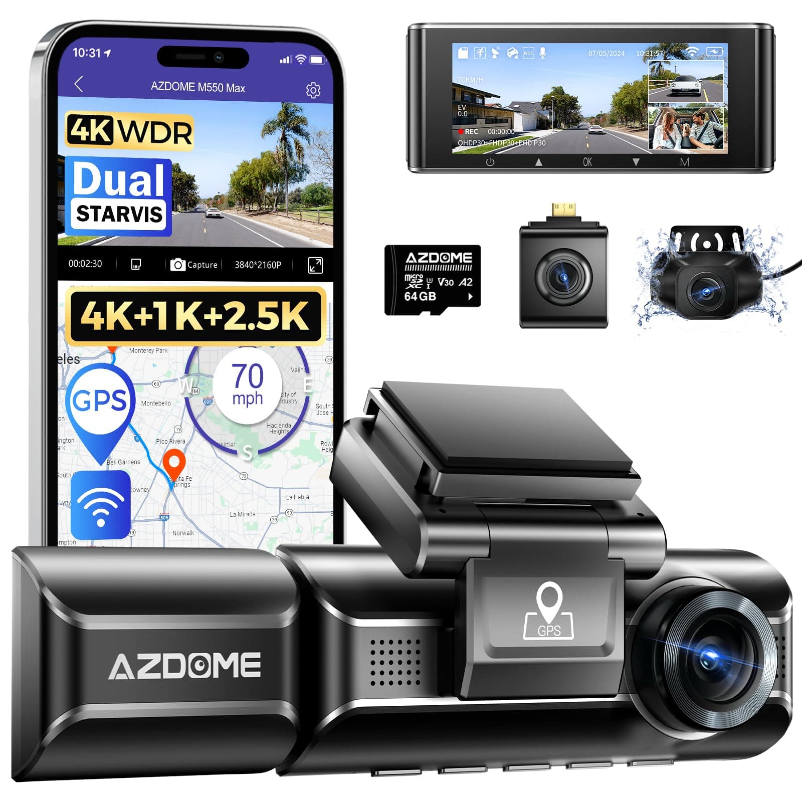 4K 3 Channel Dash Cam, 4K+1080P+2.5K Front and Rear Inside Built-in WiFi GPS, 64GB Card Included, Triple Car Camera with 3.19" Screen, IR Night Vision, WDR, 24H Parking Mode (M550 Max)