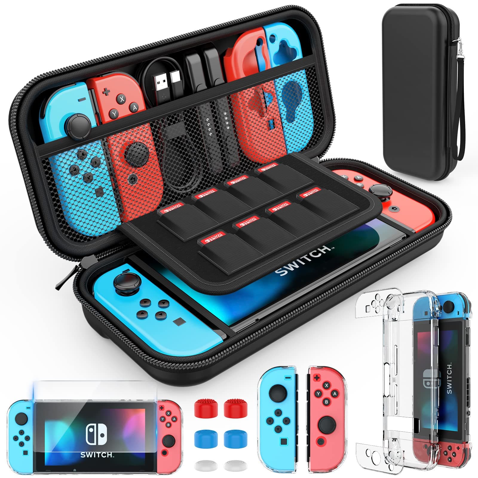 HEYSTOP Case Compatible with Nintendo Switch Carry Pouch Cover HD Screen Protector Thumb Grips Caps Console Accessories