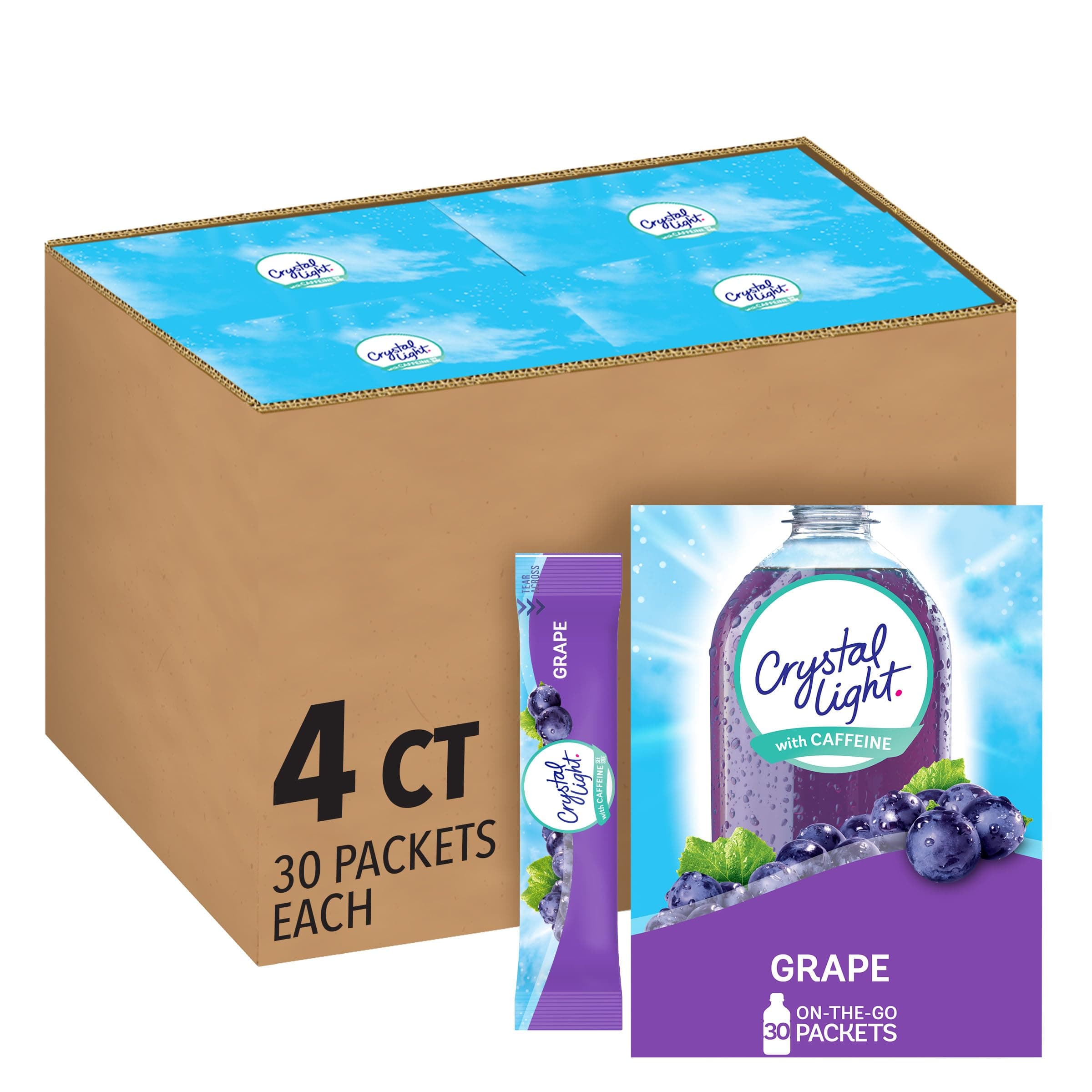Crystal Light Grape Naturally Flavored Powdered Drink Mix with Caffeine, 120 ct Pack, 4 Boxes of 30 On-the-Go Packets