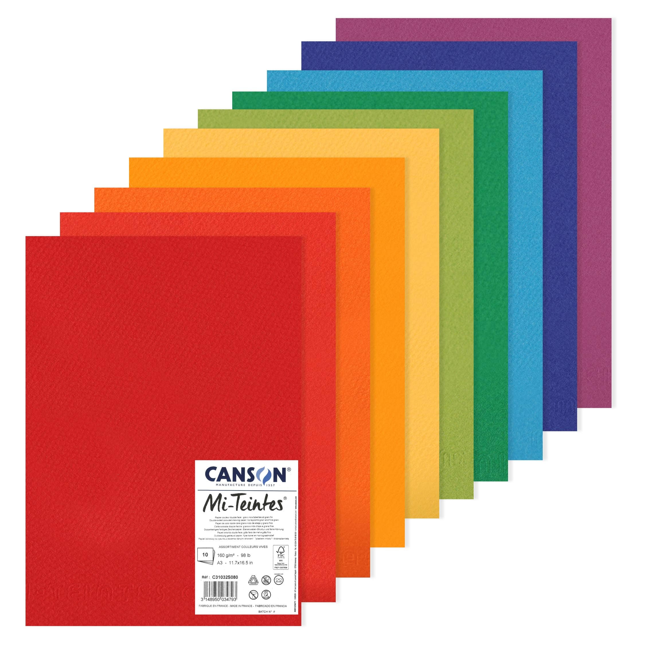 CansonMi-Teintes Coloured Drawing Paper, Double-Sided: Honeycomb Structure and Fine Grain, 160 gsm, 98 lb, Sheet, A3-29.7 x 42 cm, Pack of 10 Bright Colours, 10 Sheets - C31032S080, Colourful, DIN