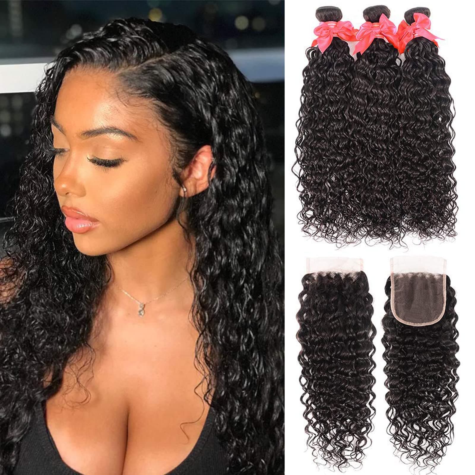 Water Wave 3 Bundles with Closure 8A Ocean Wave Wet and Wavy Human Hair Weave (18 20 22+16, Natural Color)