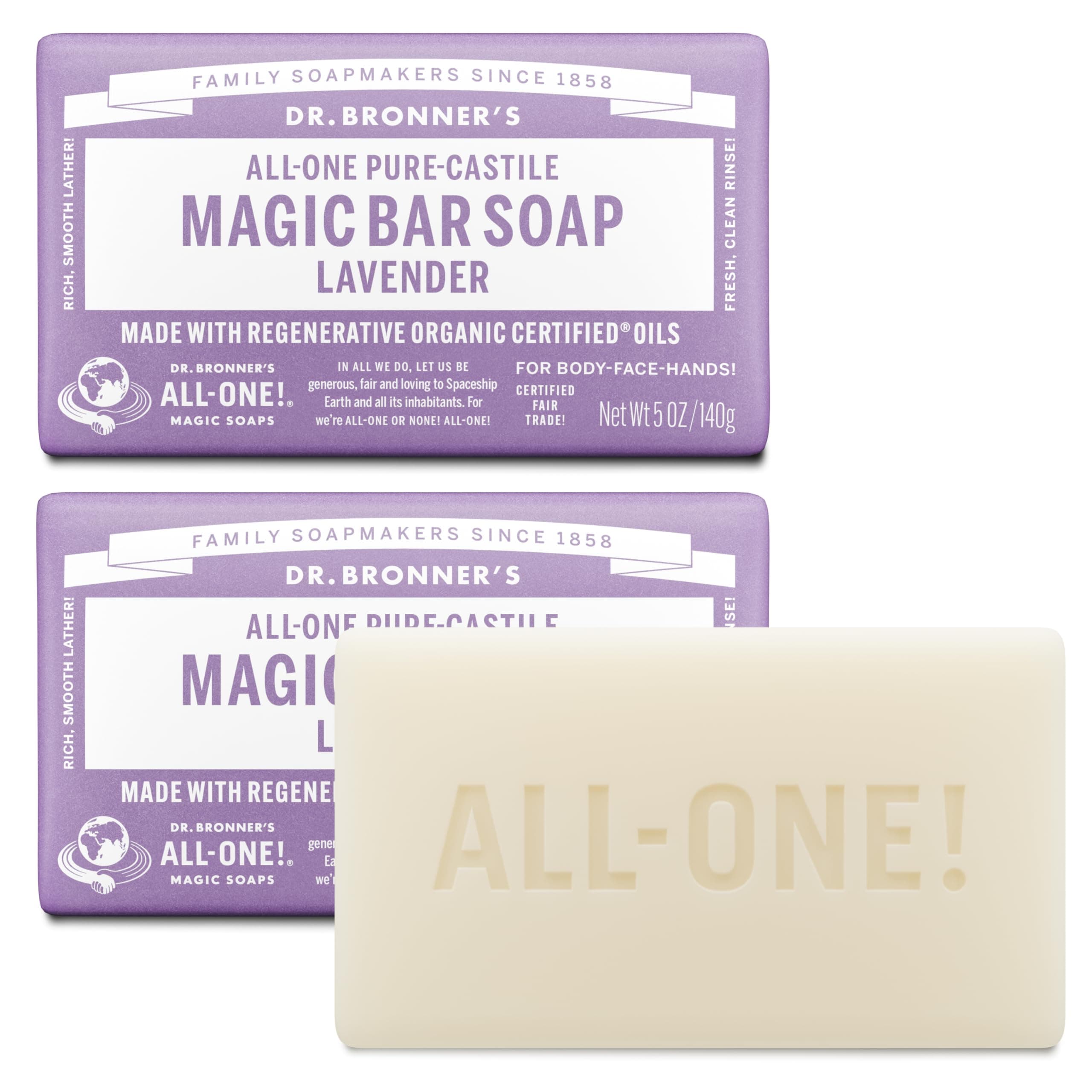 Dr Bronner's Organic Lavender Pure Castile Bar Soap, 2 Pack (2 x 140 g)