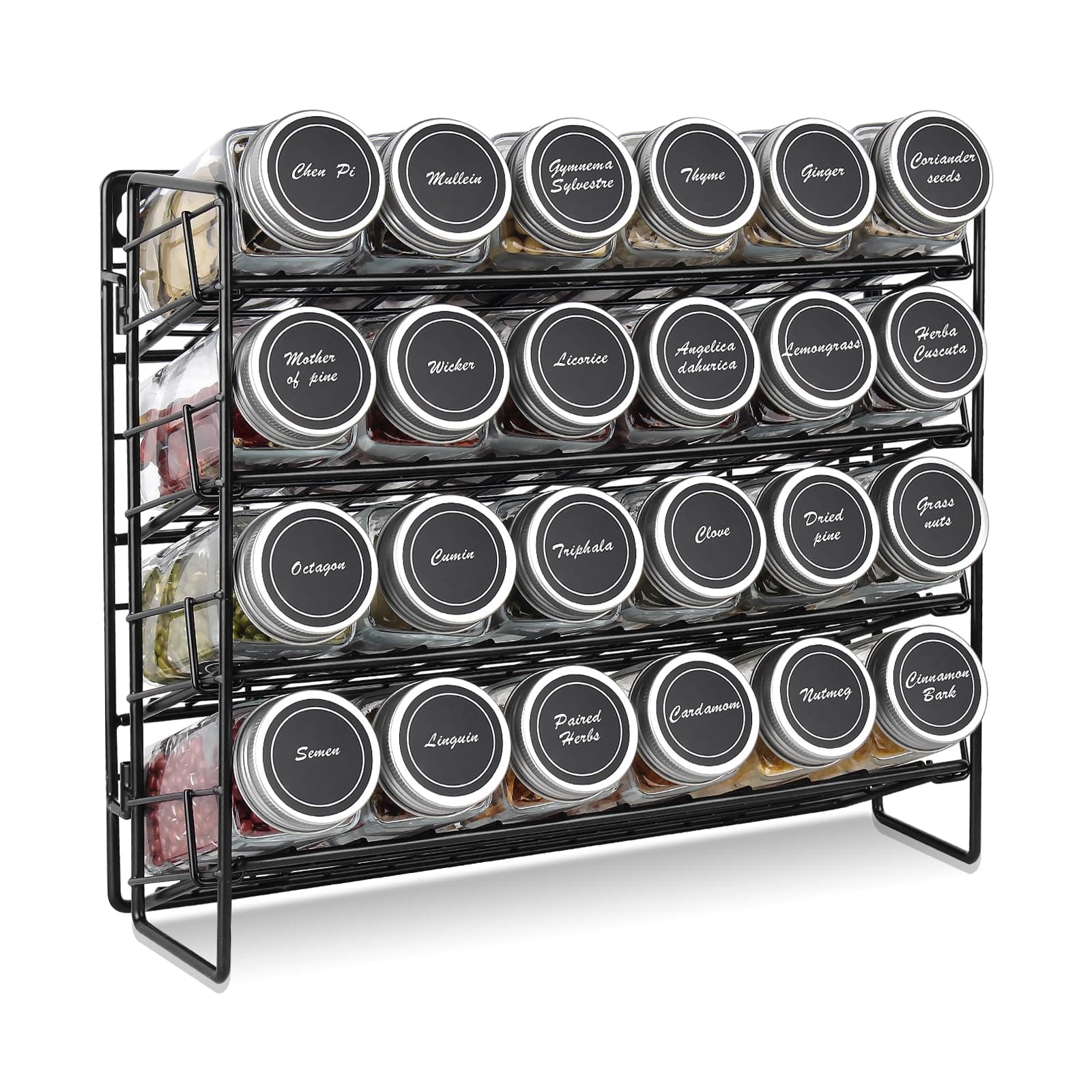 SemlosSpice Rack Organiser, 4-Tier Foldable Spice Rack with Hook, Kitchen Organiser for Cupboard, Worktop or Wall Mount