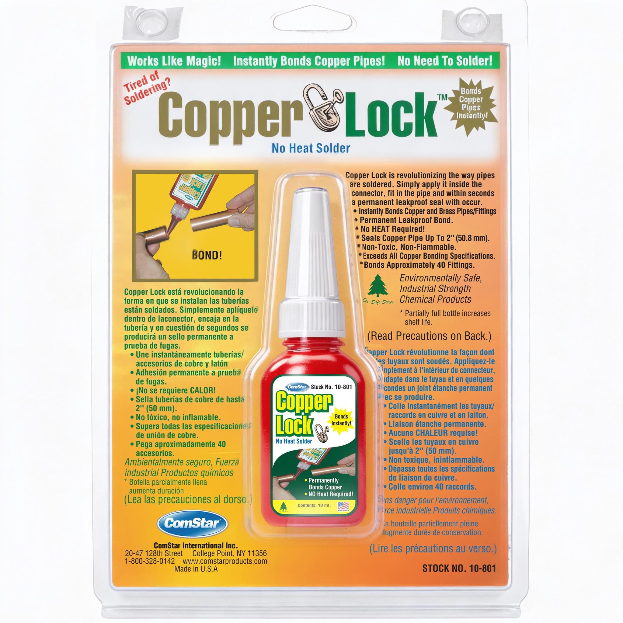 ComStar Copper Lock 10 ml, No Heat Liquid Solder for Copper, Brass & Yellow Metals, Instant Leak Proof Seal up to 500 PSI, -60°F to +300°F, Bonding Solution for Plumbing & HVAC (10-801)