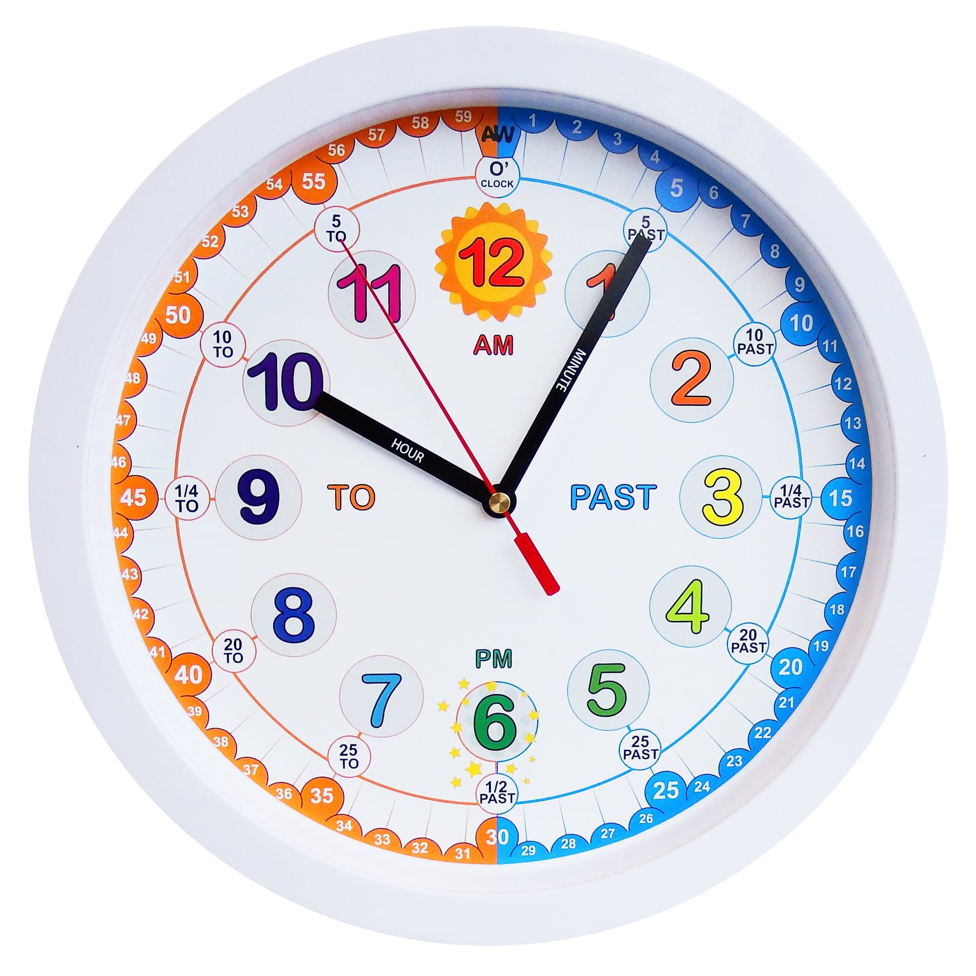 Amonev Time Teacher Clock Children's Clock, Easy to Read Analogue Clock with Silent Ticking. Teach Children How to Tell The Time - White.