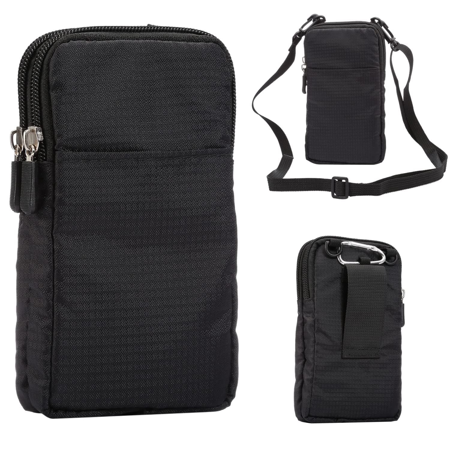 Cell Phone Pouch for iPhone 16 Pro Max 15 14 13 12 Plus, Premium Nylon Crossbody Bag Phone Holster Belt Case With Belt Clip Shoulder Purse, Black