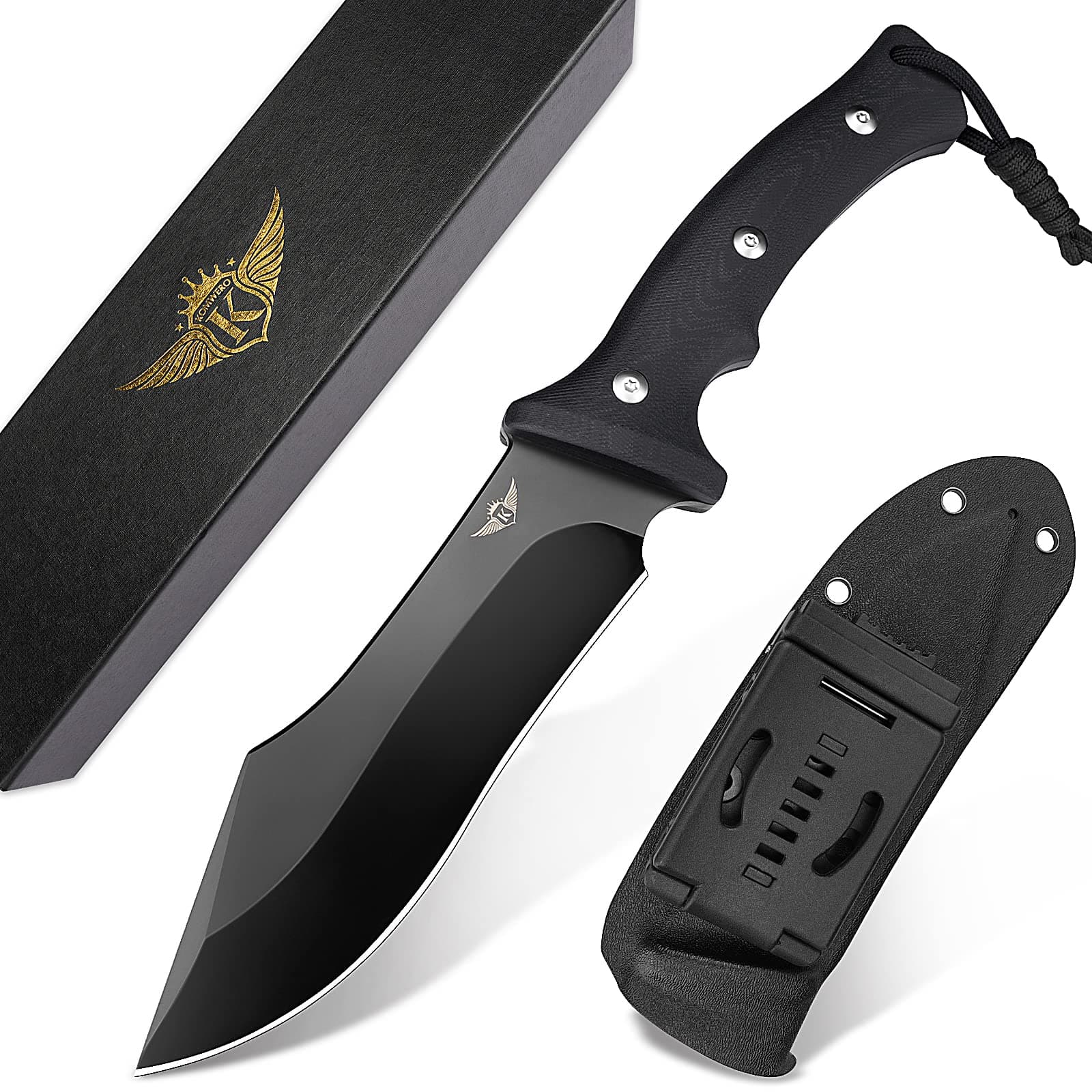 KOMWEROFixed Blade Hunting Knife, 5.5" Sharp D2 Steel Blade, Full Tang Camping Knife with Kydex Sheath, Survival Knife for Outdoor Bushcraft Collection, G10 Handle
