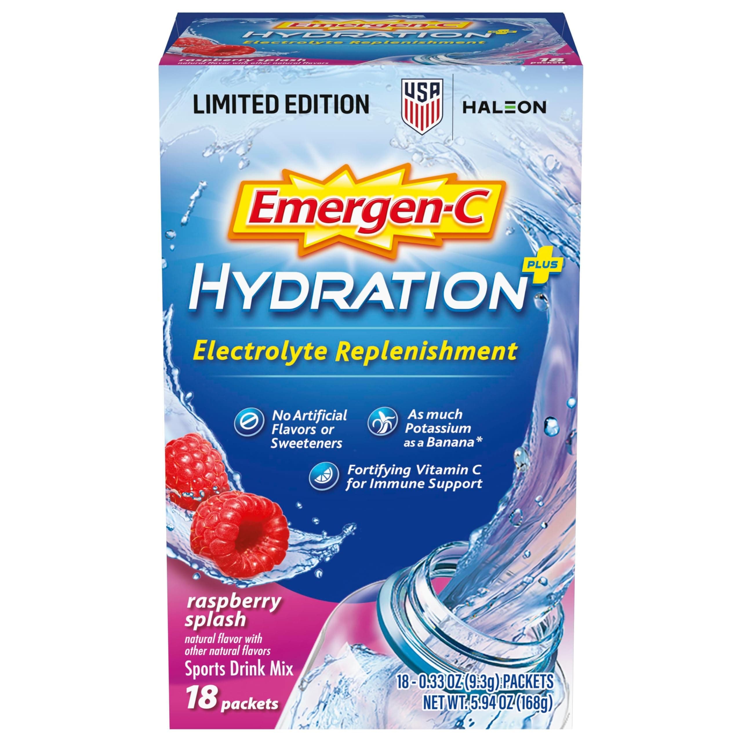 Hydration+ Sports Drink Mix With Vitamin C (18 Count, Raspberry Flavor), Electrolyte Replenishment, 0.33 Ounce Powder Packets