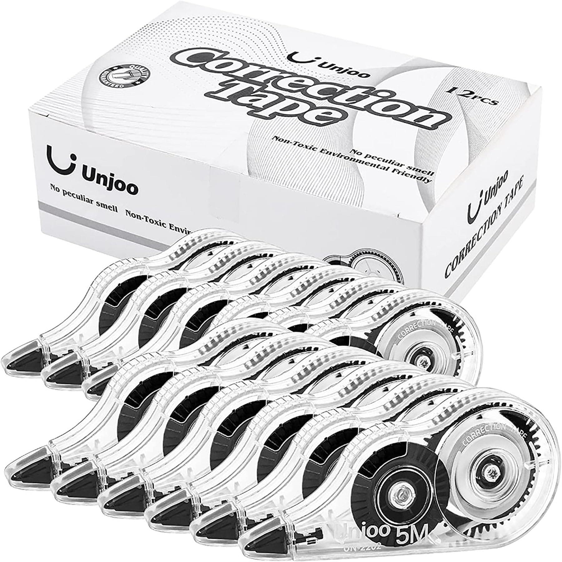 - Unjoo White Correction Tape, Easy To Use Applicator for Instant Corrections Wrong Writing At Any Time, For school, Office (12pack, 5M/196" x 0.2", Black)