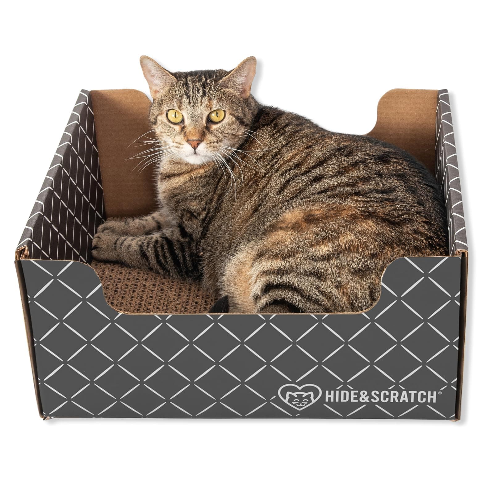 – Cardboard Cat Scratcher Box & Bed - Dark Grey Diamond | Double-Sided Corrugated Pad for Indoor Cats | Refillable Scratching Board Toy for Play & Furniture Protection