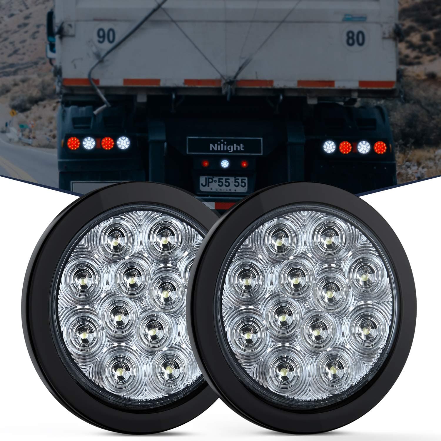 2PCS 4" White Round LED Reverse Back Up Light w/Surface Mount Grommet Plugs Trailer Tail Lights for Truck Trailer RV Jeep, 2 Years Warranty (TL-26)
