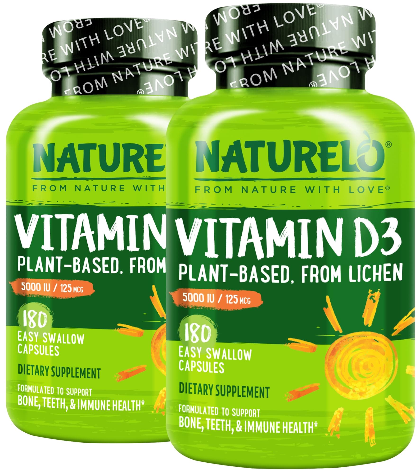 Vitamin D - 5000 IU - Plant Based from Lichen - Natural D3 Supplement for Immune System, Bone Support, Joint Health - High Potency - Vegan - Non-GMO - Gluten Free - 180 Capsules (Pack of 2)