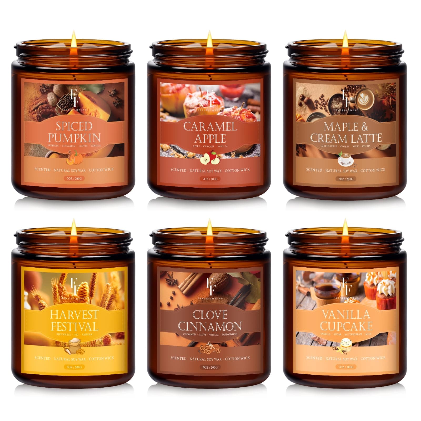 Fall Candles Set, 6 Pack Candles for Home Scented Natural Soy Wax, Autumn Gifts Set for Women Men, Fall Fragrance of Pumpkin/Cinnamon/Vanilla Cupcake/Apple/Harvest/Latte