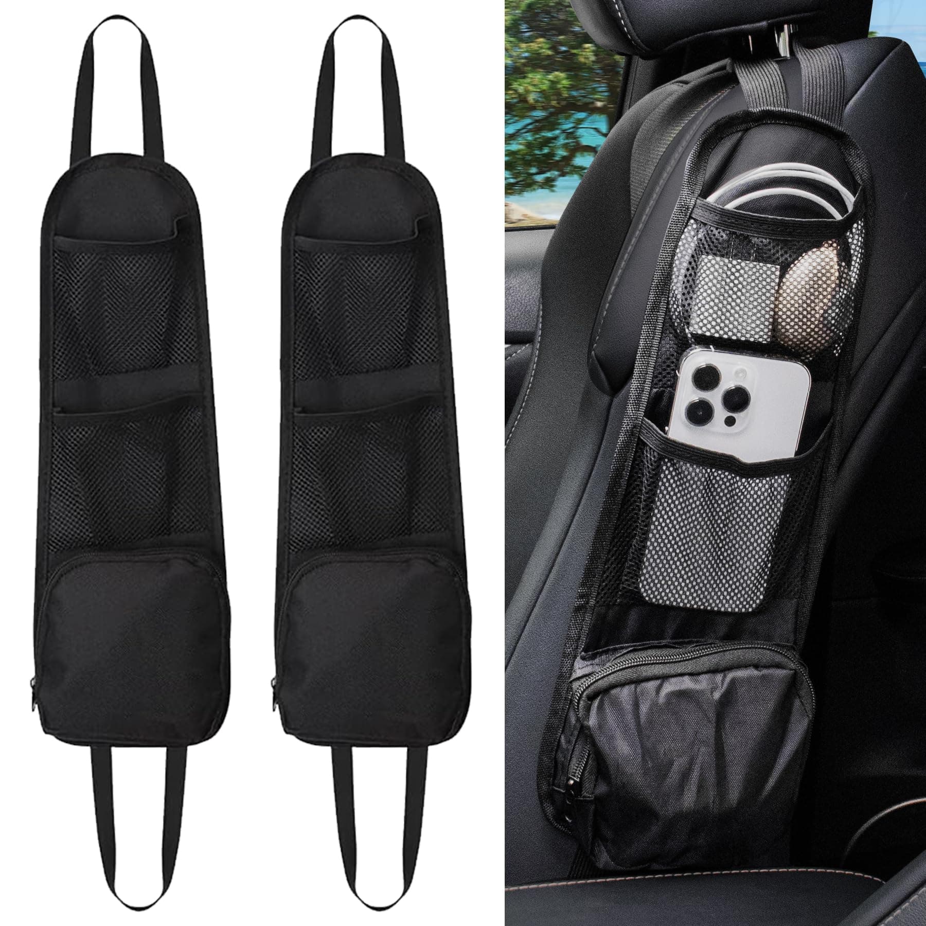 BJSIA 2PCS Car Seat Side Organizer, Multi-Pocket Vehicle Front Seat Storage Bag, Universal Seat Hanging Pocket for Most Cars, SUVs and Trucks, Can Hold Purses, Car Interior Accessories for Men Women.