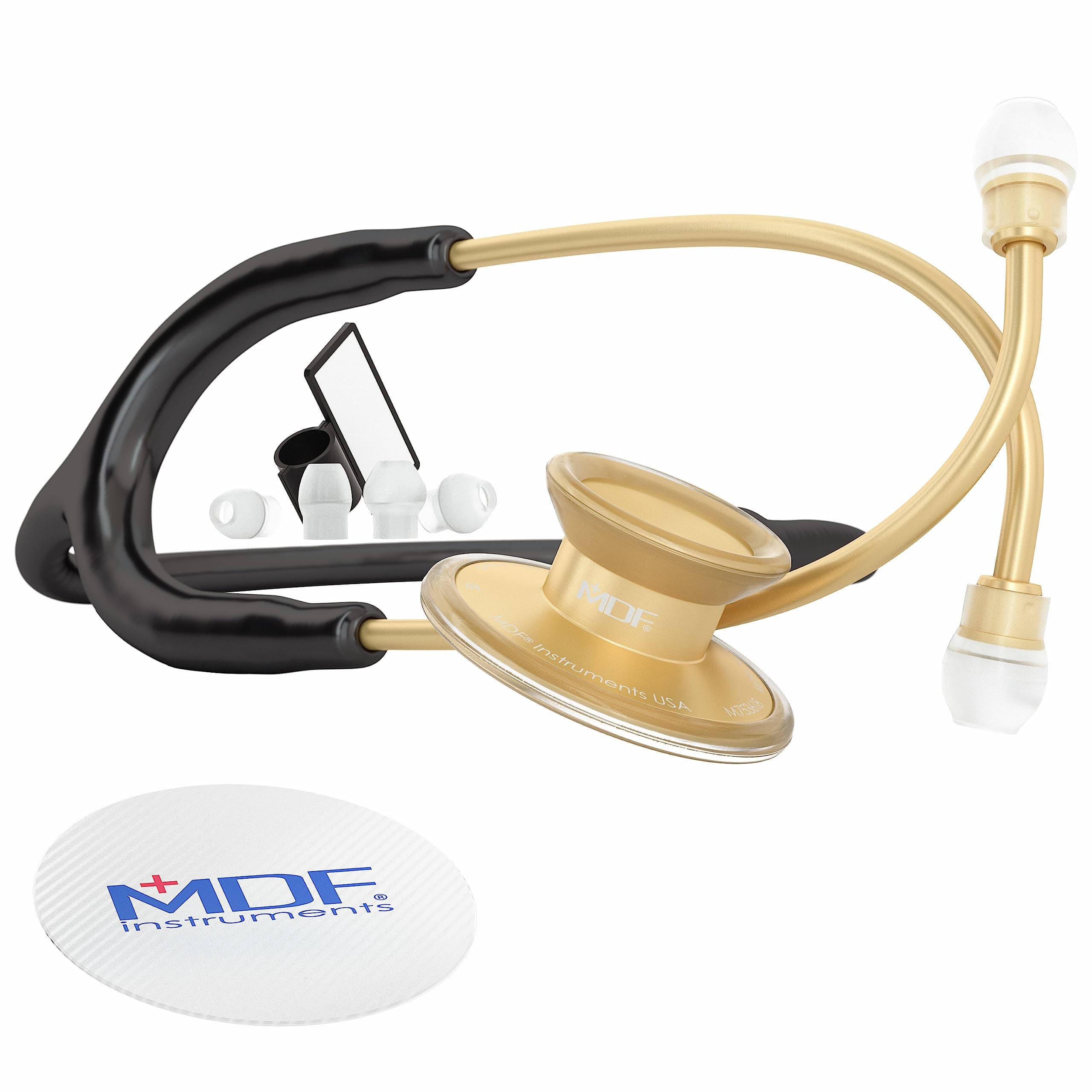 MDF Instruments, Acoustica Lightweight Stethoscope for Doctors, Nurses, Students, Home Health Use, Adult, Dual Head, Black Tube, Gold Chestpiece-Headset, MDF747XPK11