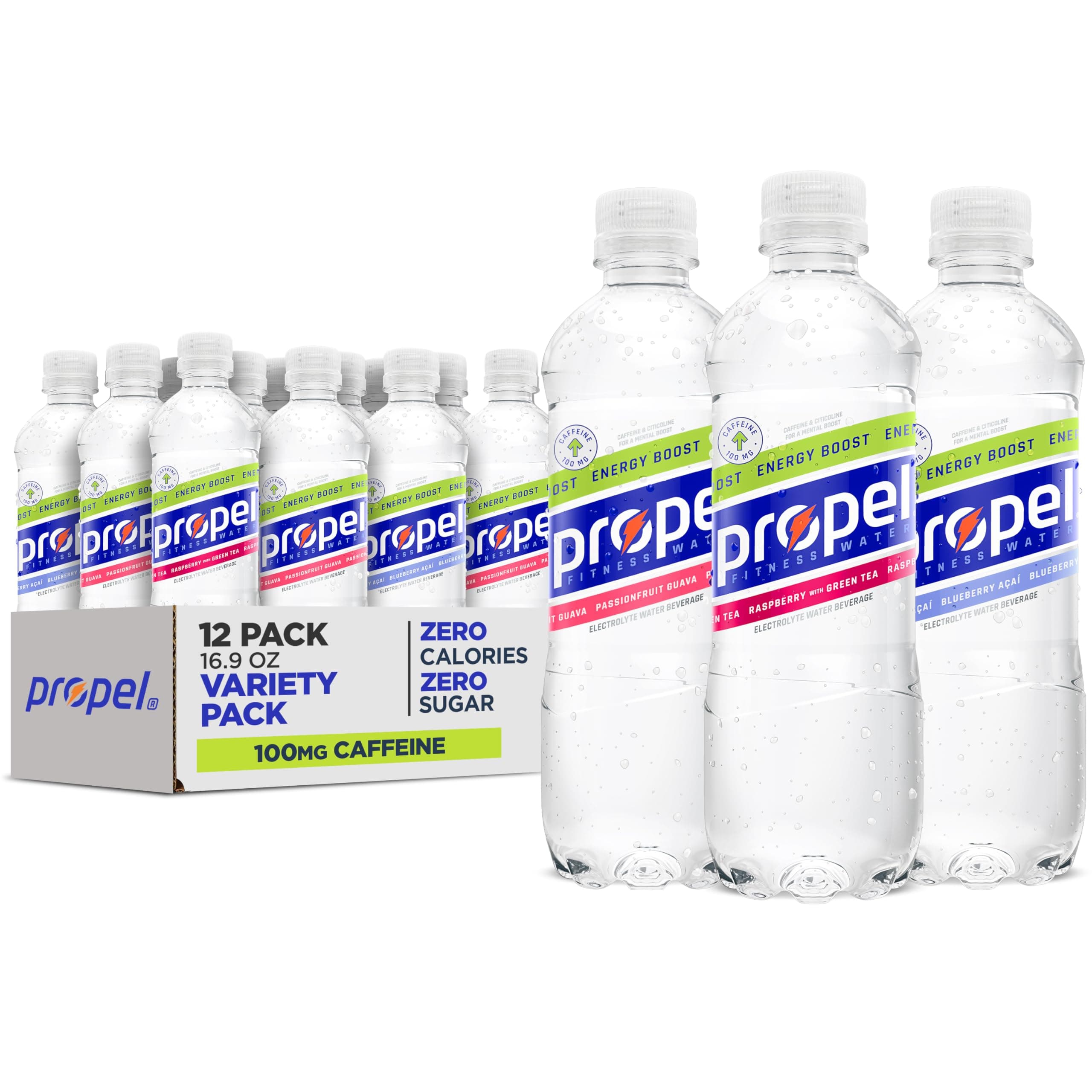Propel Energy Boost Zero Calorie Flavored Water with Electrolytes and Caffeine, 3 Flavor Variety Pack, 16.9 fl oz Bottles (12 Pack)