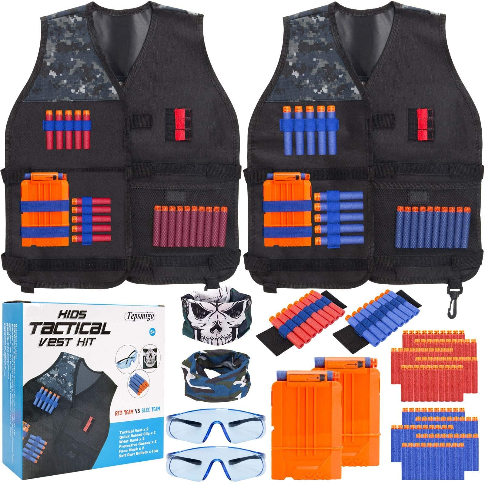 Tepsmigo 2 Pack Tactical Jacket Vest Kit with 100 Pcs Refill Darts, 2 Reload Clips, 2 Face Tube Masks, 2 Hand Wrist Bands and 2 Protective Glasses, Suit for Kids Boys Girls 5+