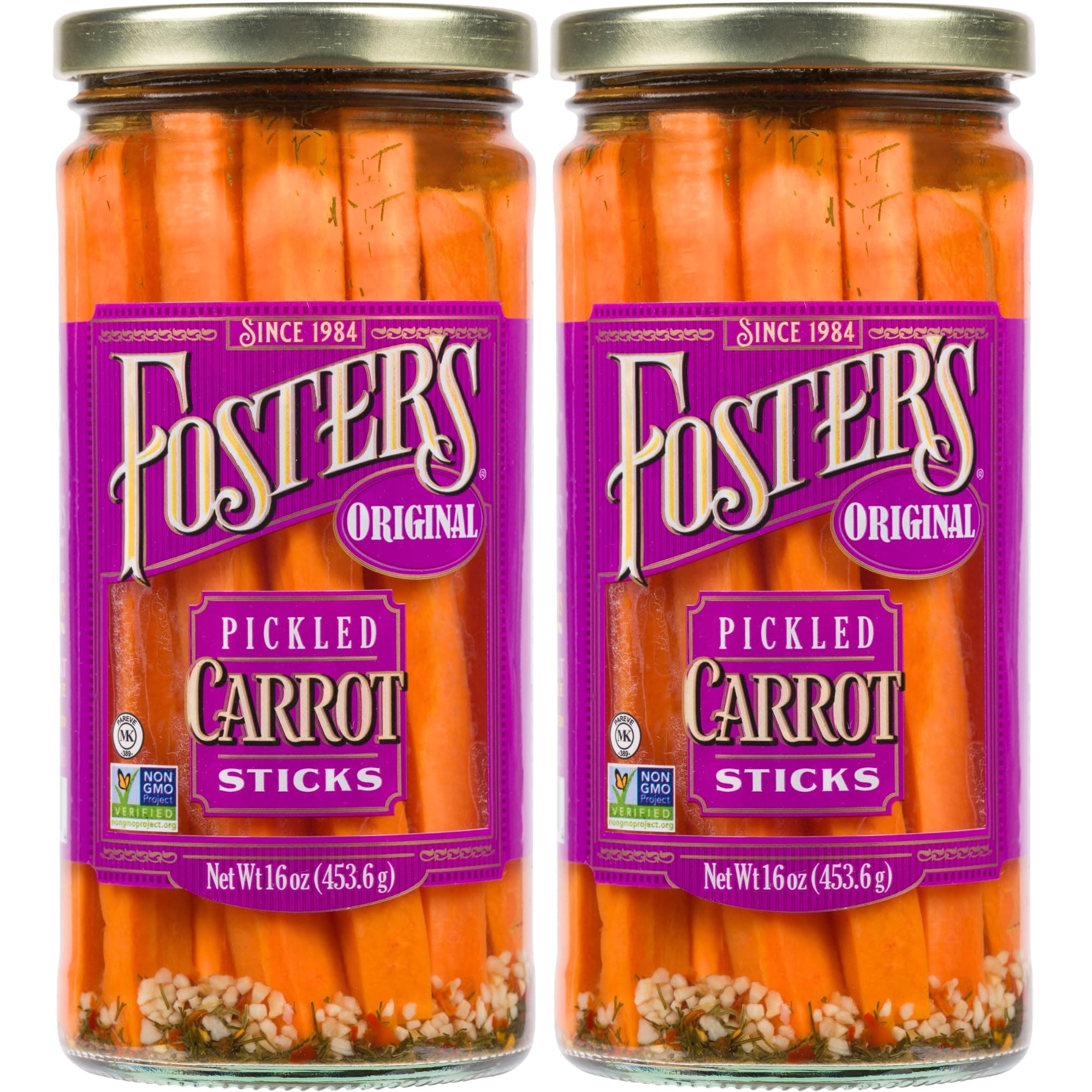 Foster's Pickled Carrots in a Jar, Original, 16oz, 2 Pack, Traditional Pickled Carrot Sticks Recipe for over 40 years, Low Calorie Snack, Gluten Free, Fat and Preservative Free
