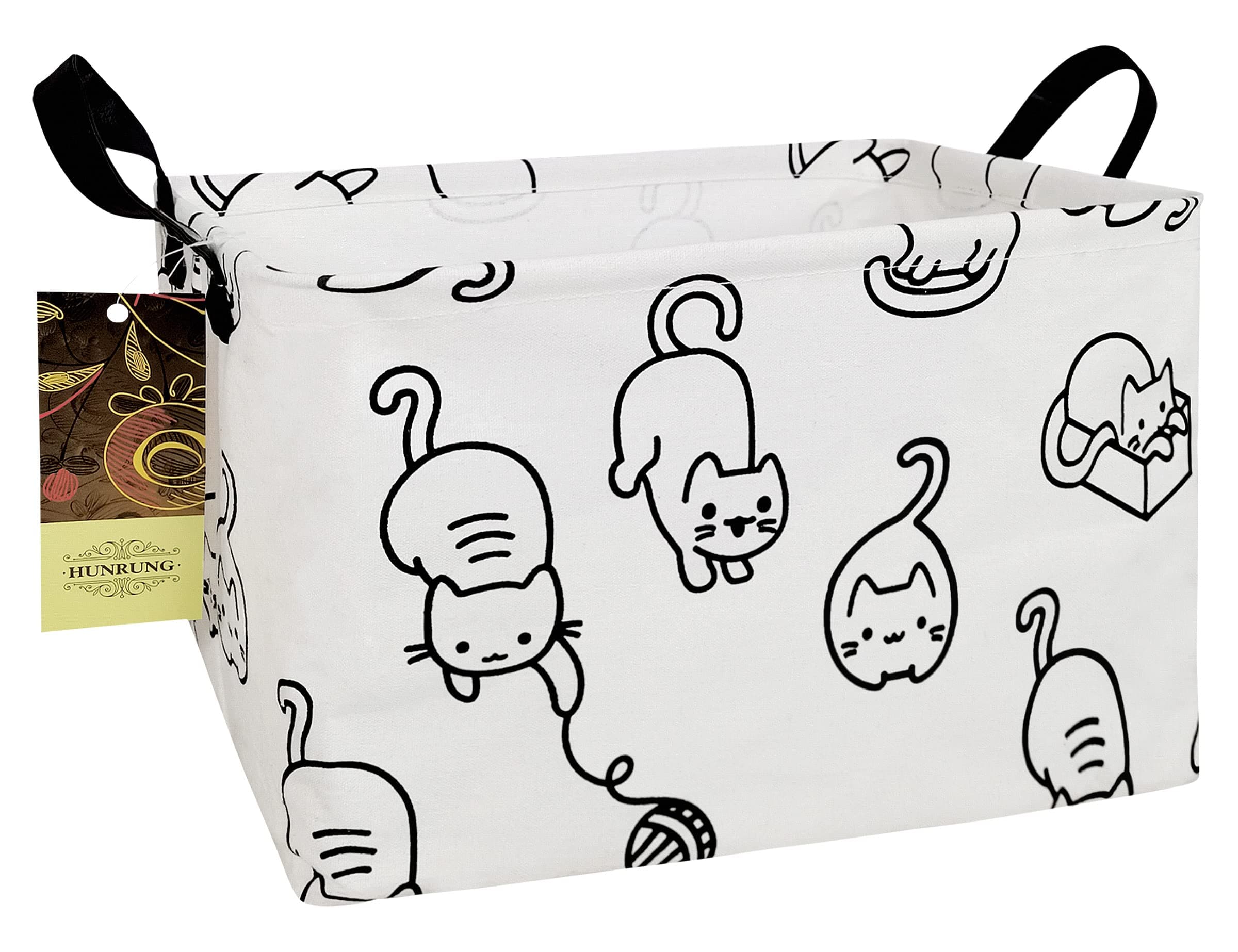 HUNRUNG Rectangle Storage Basket Cute Canvas Organizer Bin for Pet/Children Toys, Books, Clothes Perfect for Rooms/Playroom(REC-Black cat)