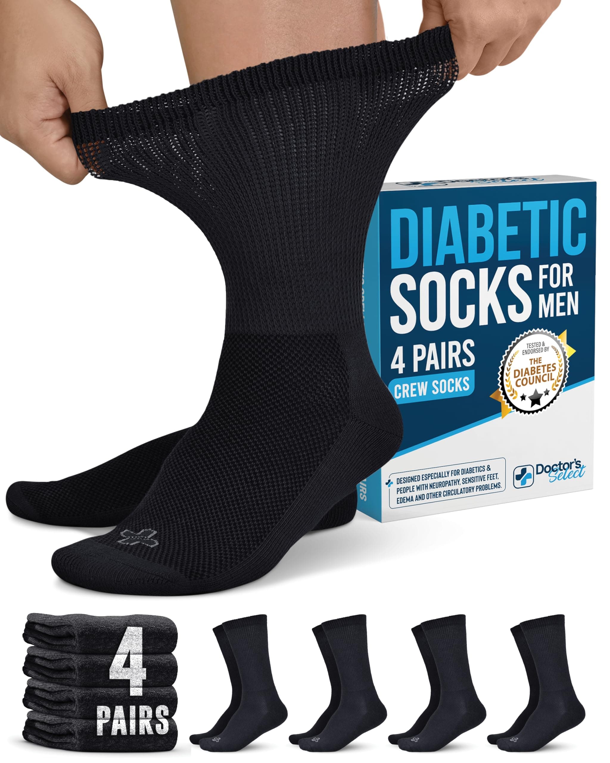 Doctor's Select Diabetic Socks for Men - 4 Pairs Crew Diabetic Neuropathy Socks for Men | Diabetic Socks for Men 9-12