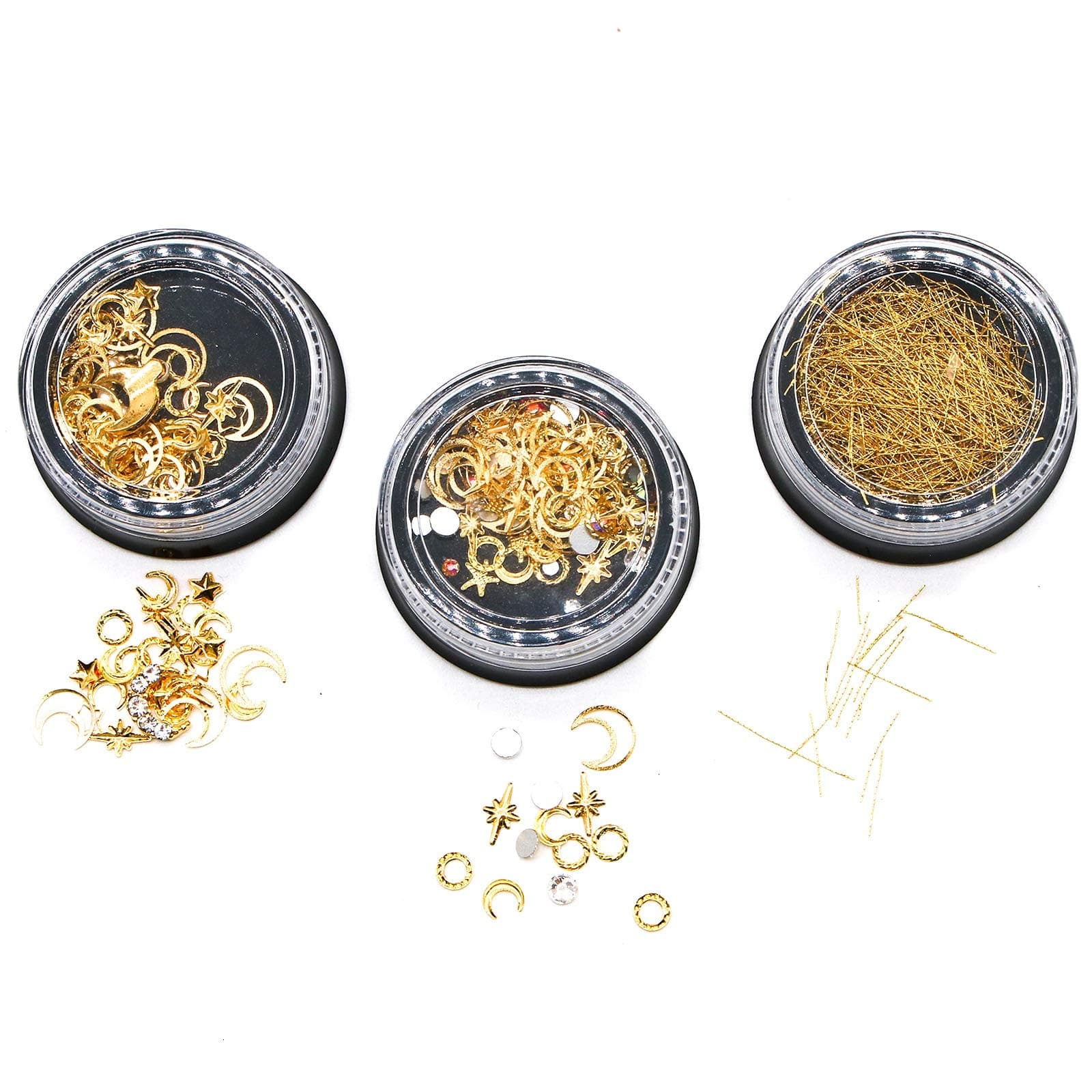 WSSROGY 3 Boxes Different Gold Nail Art 3D Studs Gems Moon Star Shaped Nail Art Decoration Rivet Punk Jewels Manicure Decoration