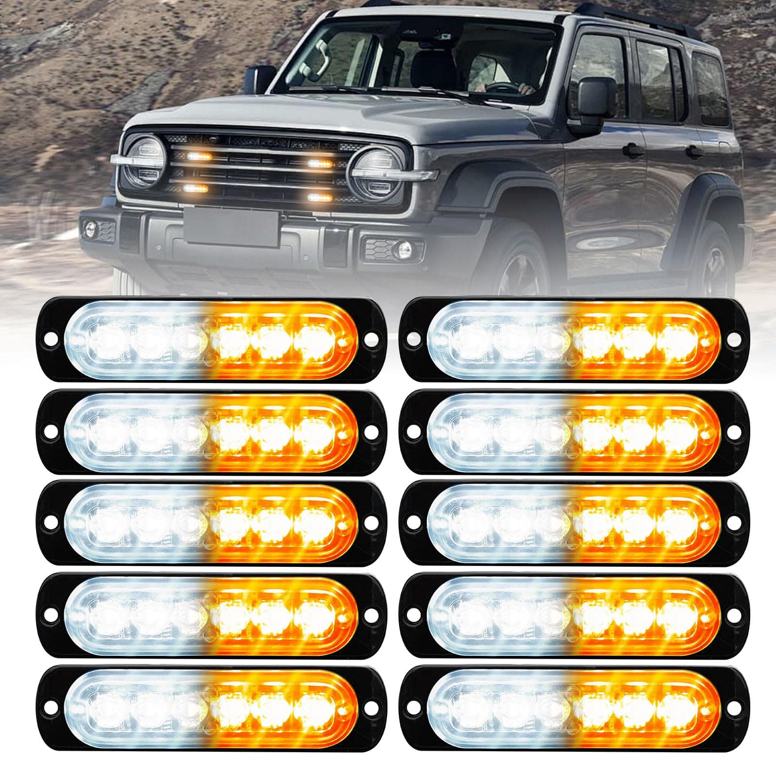 10 PCS LED Emergency Strobe Lights, 6 LED Amber White Strobe Warning Emergency Flashing Lights Surface Mount Caution Construction Hazard Light Bar for Car Truck Van Off-road Vehicle ATV SUV