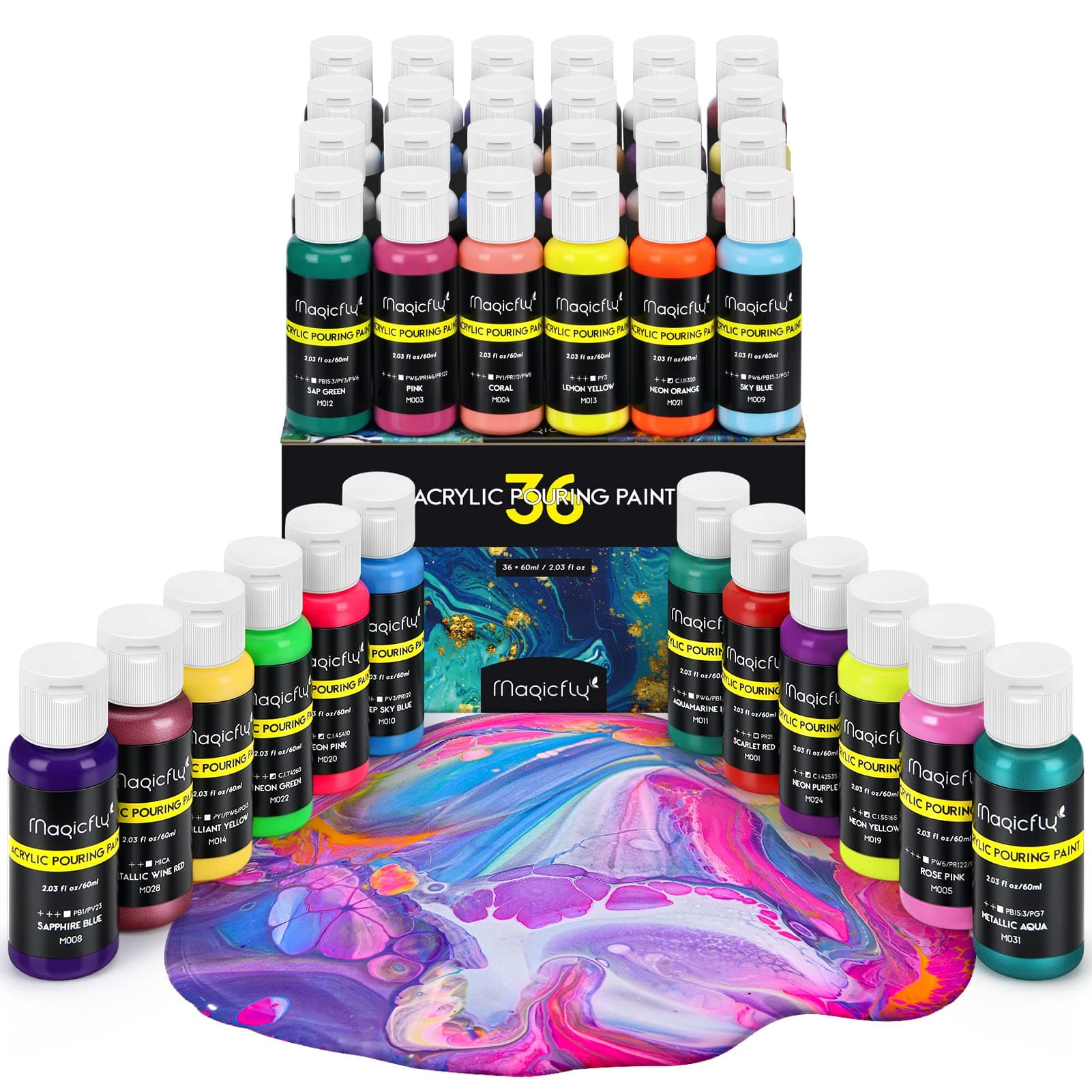 Magicfly 31 Colours Acrylic Pouring Paint 36×60ml, Pre-Mixed High Flow Liquid Acrylic Paints for Canvas, Wood, Stone, Acrylic Pouring Set for Artwork, DIY Projects
