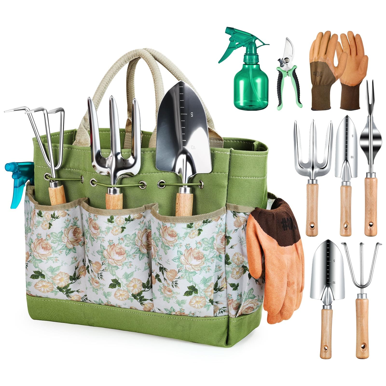 Grenebo Heavy Duty Garden Tools Set, 9-Piece Stainless Steel Rust-Proof Gardening Kit with Non-Slip Ergonomic Handles & Durable Storage Tote Bag, Gardening Gifts for Women Men, Plant Tools