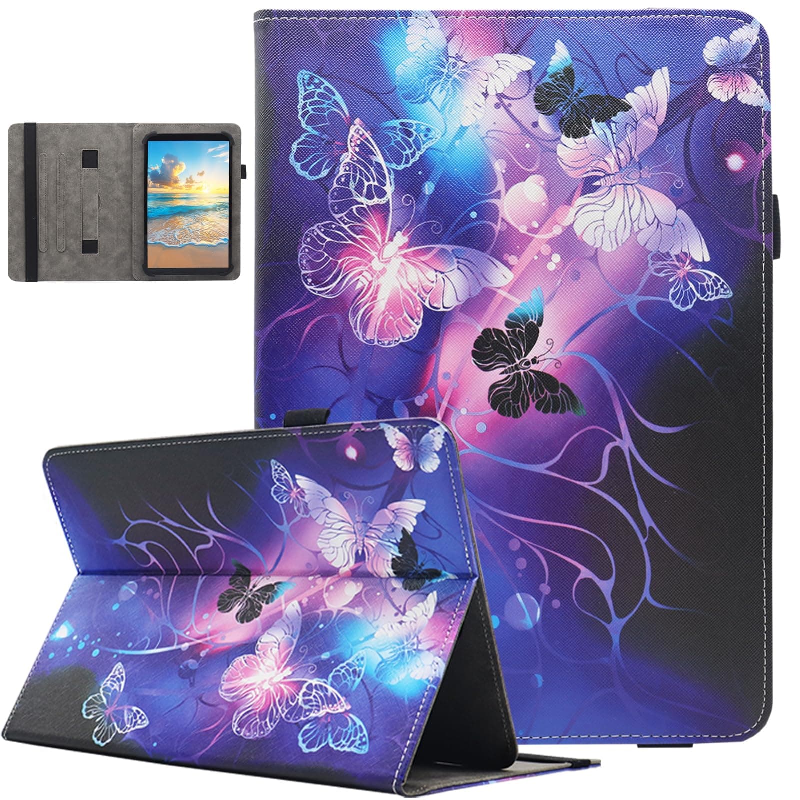 Universal 10 10.1 11 Inch Android Tablet Case, Nannxiebky Multi-Angle Viewing Stand PU Leather Case for 10 10.1 11 Inch and More 9.5" - 11.0" Tablet, Purple Butterfly